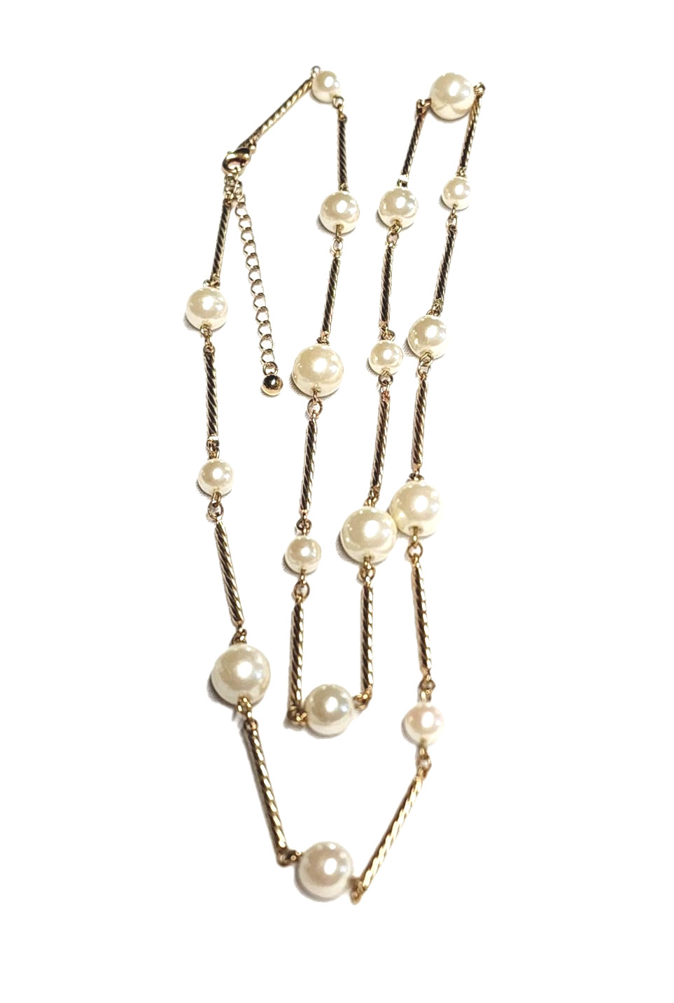 VTG AVON SH Gold Tone Twisted Bar Link & Cream White Faux Pearl Station Necklace