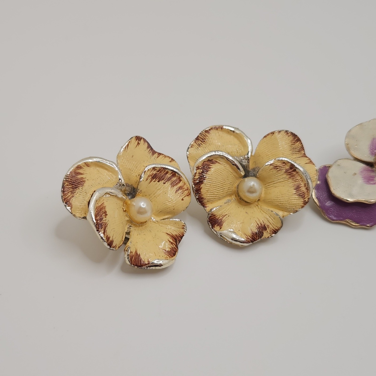 Vintage Enamel Flower Clip On Earrings 2 Pairs Pansy Blossoms Edwardian Style