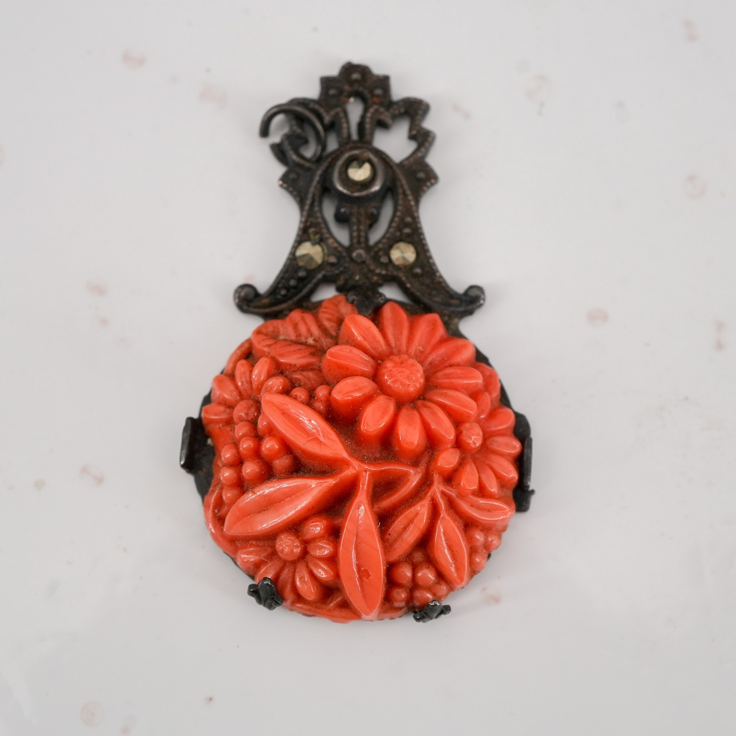 3.9g Czech Art Deco Coral Glass Floral Marcasite 925 Sterling Pendant 1.25in