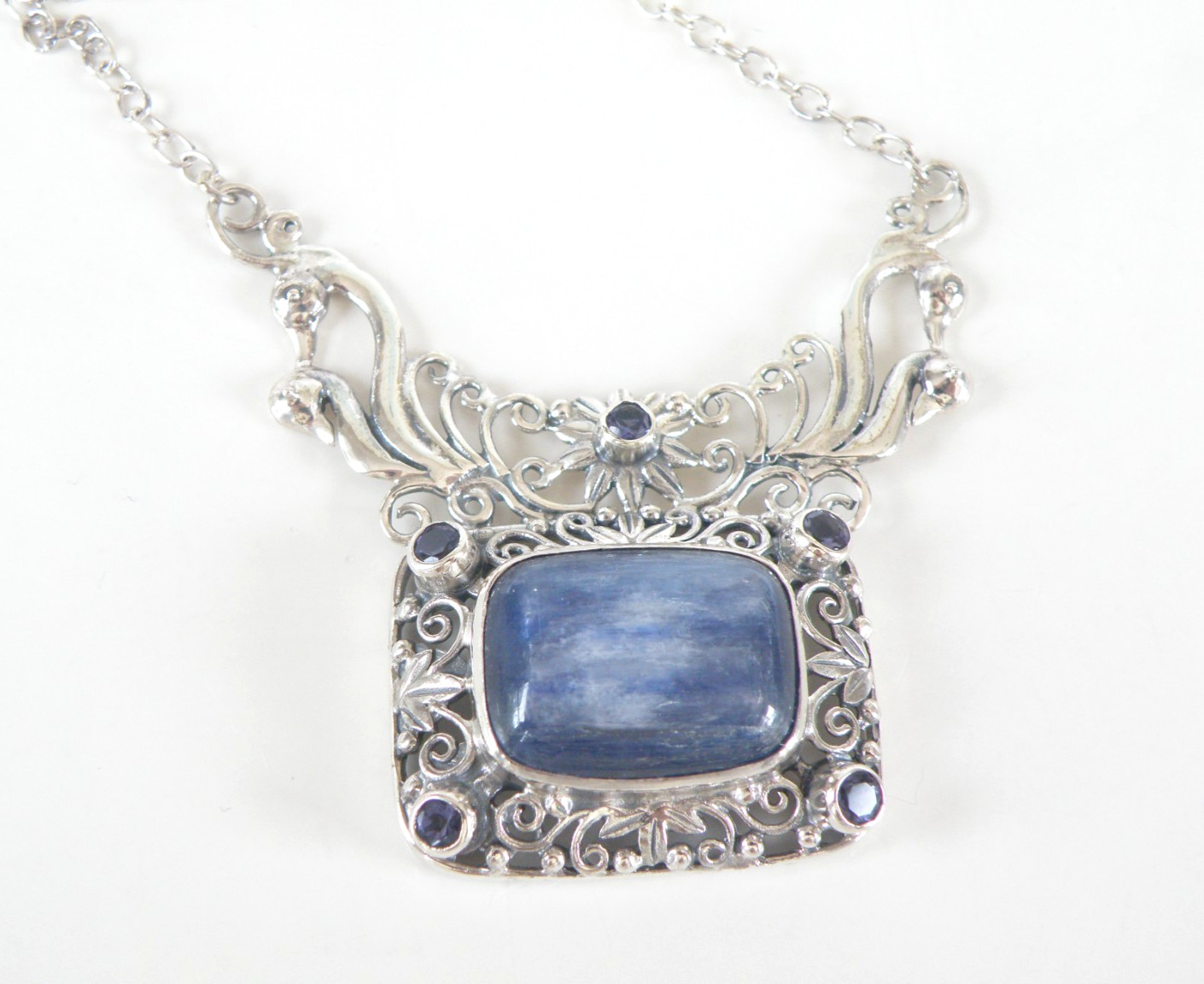 Sterling Silver 925 Natural Kyanite Iolite Art Nouveau Style Necklace 18″