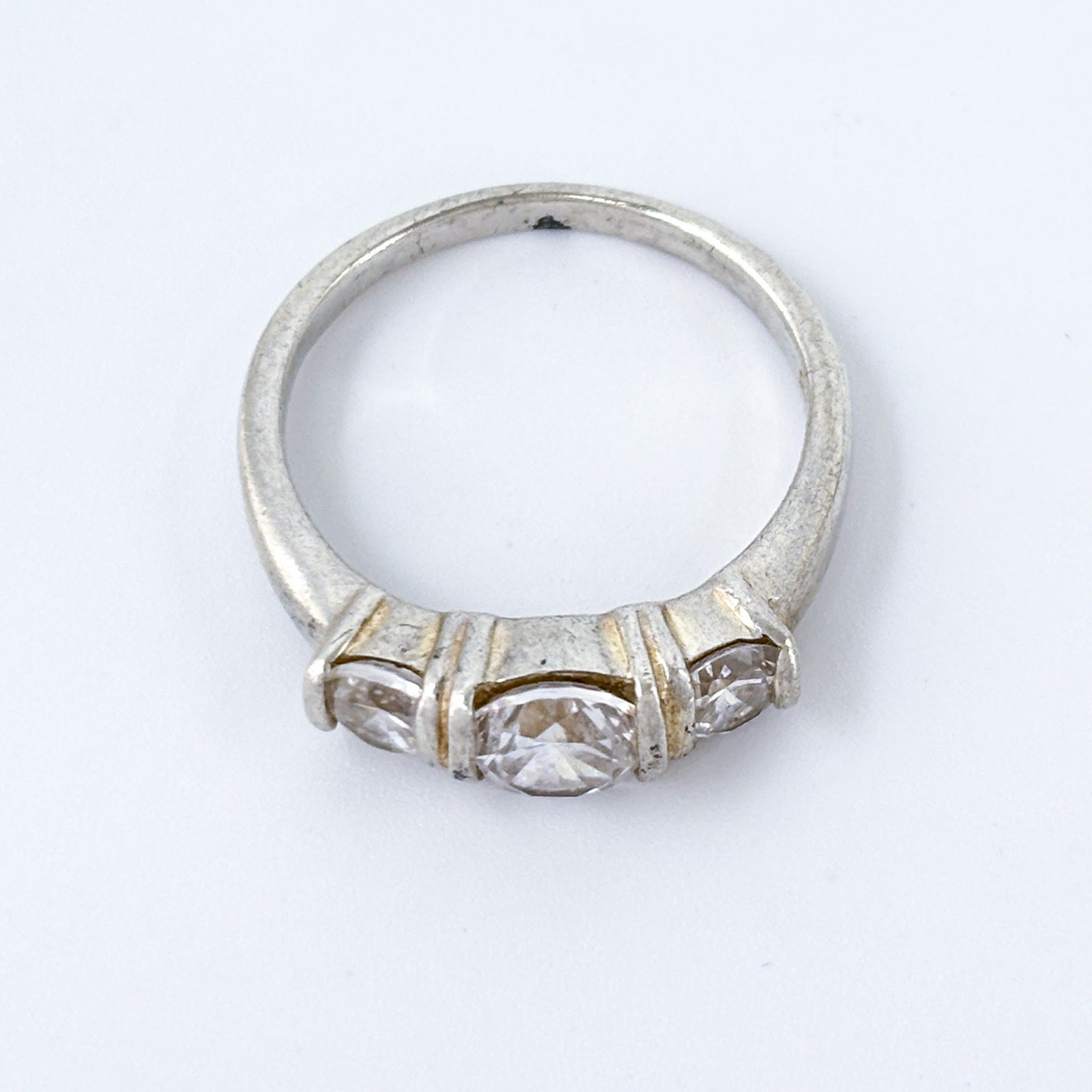 Vintage Sterling Silver 925 White Crystal Three Stone Ring Size 10