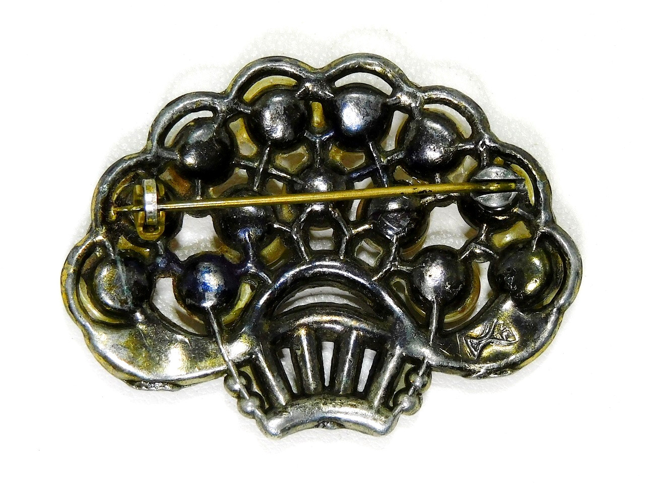 Vintage New England Glassworks Rhinestone Faux Pearl Flower Basket Brooch