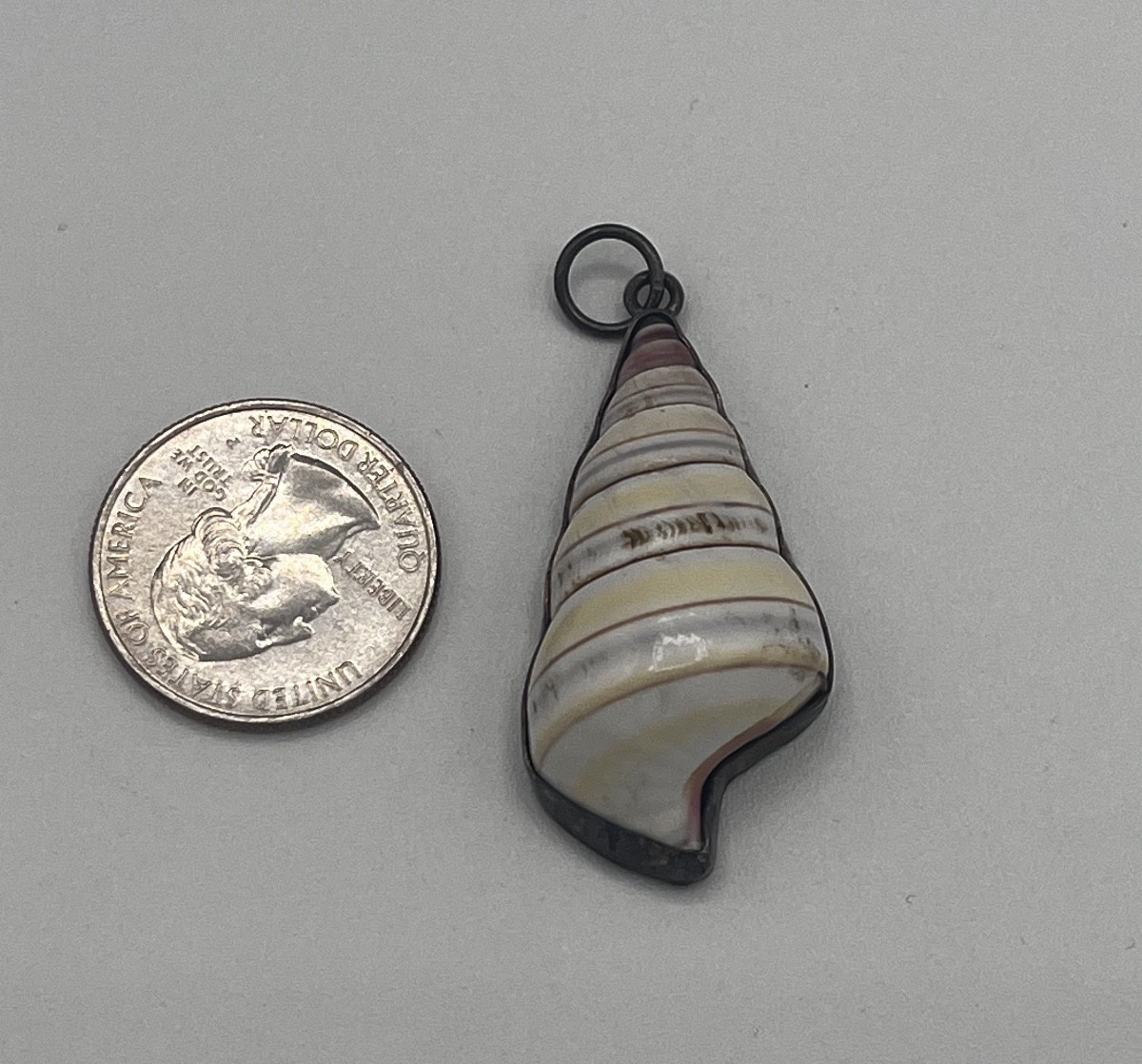 Natural Sea Shell Hand Tooled Silver Encased Vintage Charm Pendant Necklace