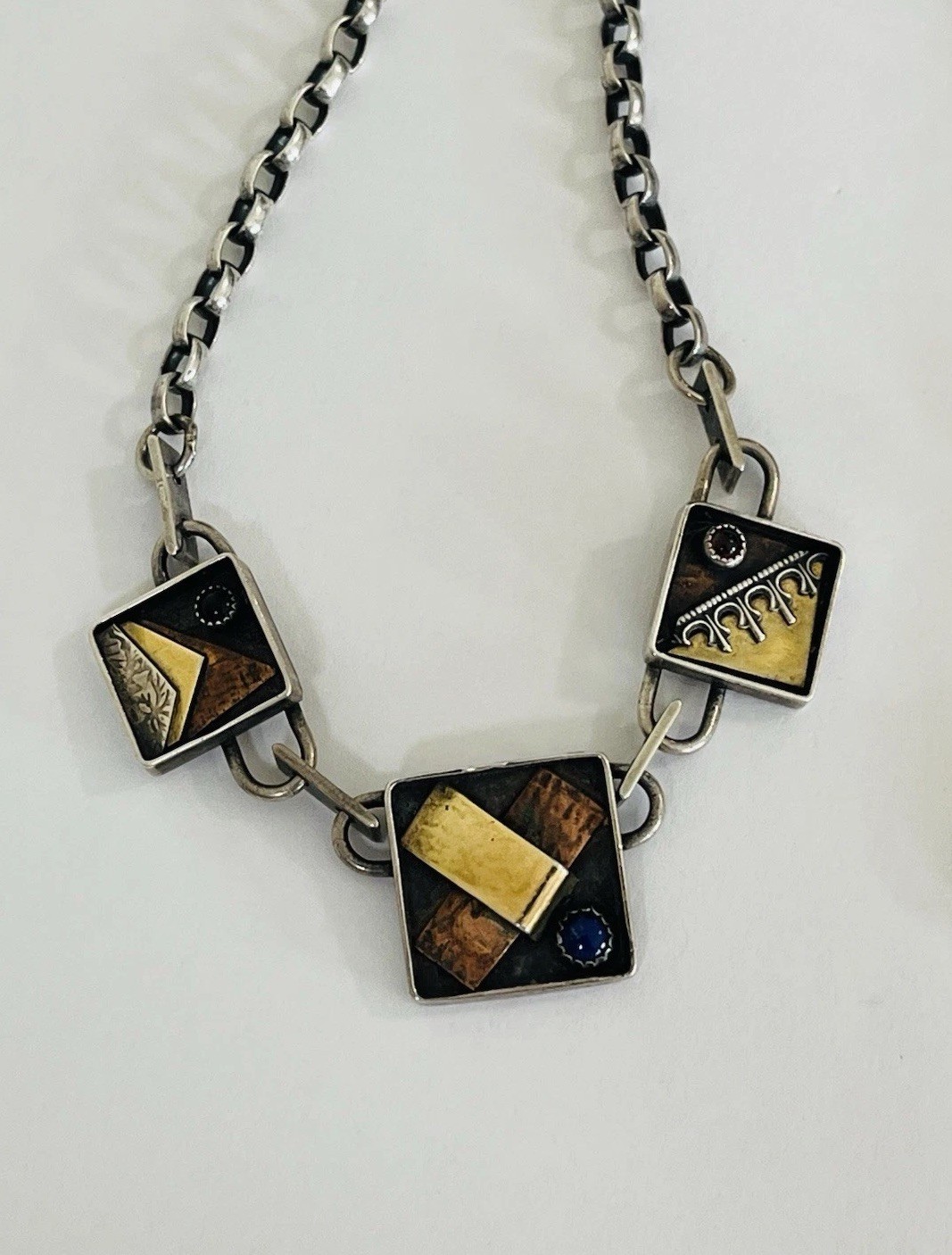 Vintage Signed Modernist Mixed Metal Sterling Silver Stone Link Necklace 32Grams
