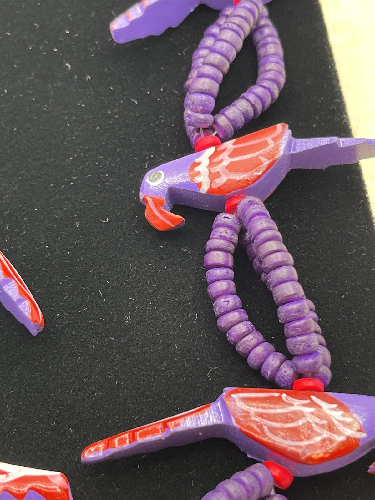 Tropical Tiki Parrot Necklace Wooden Carved Beads Colorful Birds Purple Earrings
