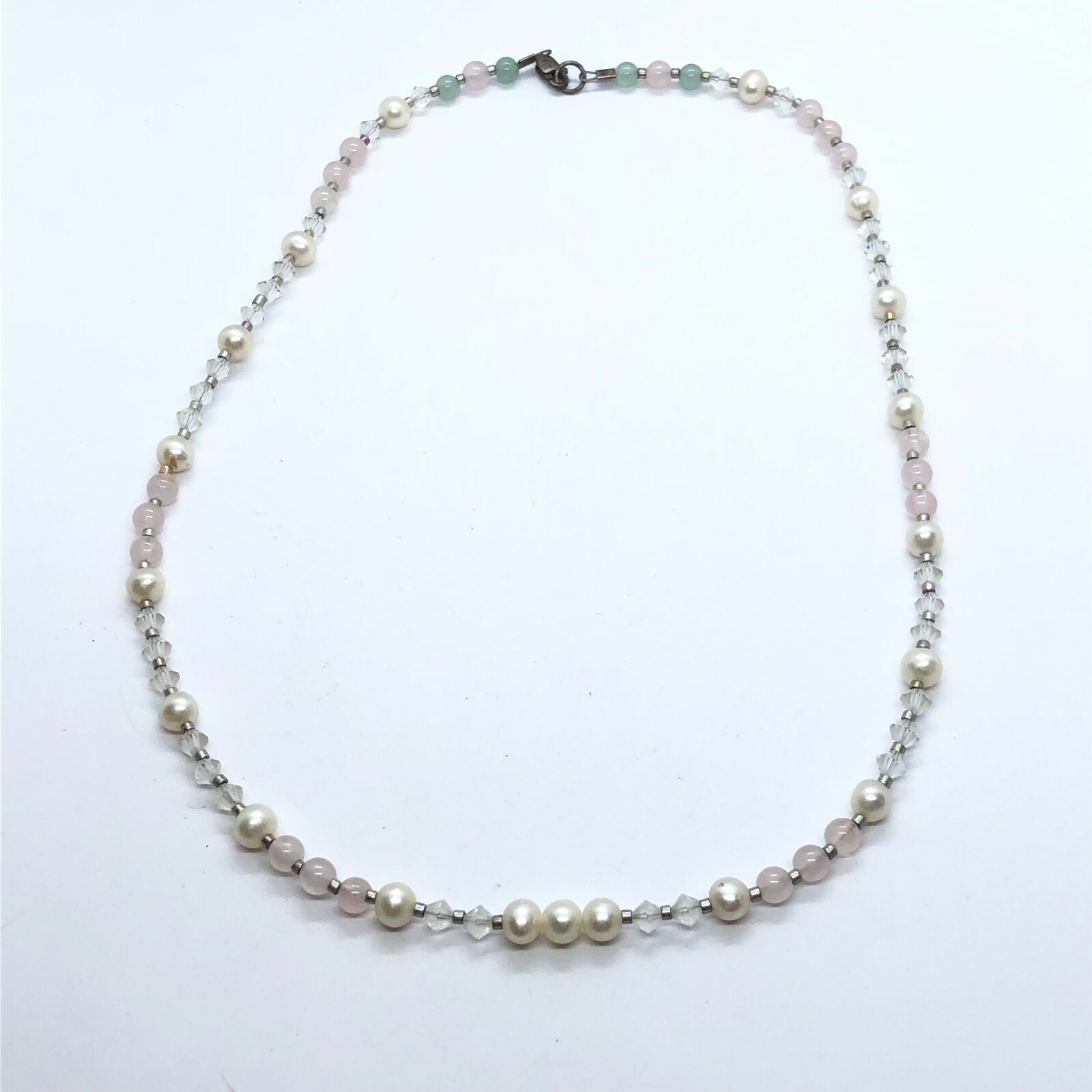 Stunning Elegant Vintage Cultured Pearl, Crystal & Rose Quartz Bead 16″ Necklace