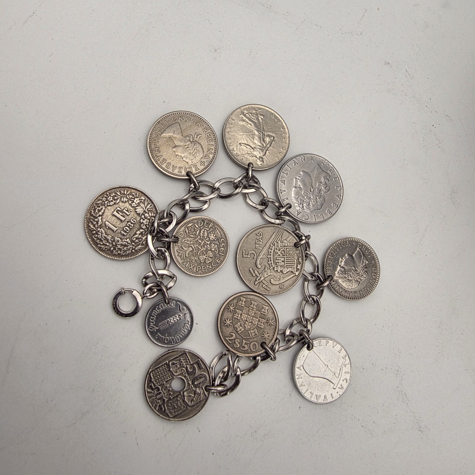 LeStage Sterling Silver Coin Charm Bracelet 58g Mid Century Estate Jewelry Euro