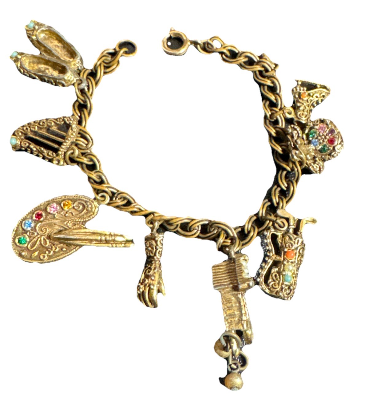 Vintage Monet Bracelet With 9 Charms Safety Chain 7.5″ 1970s 9095