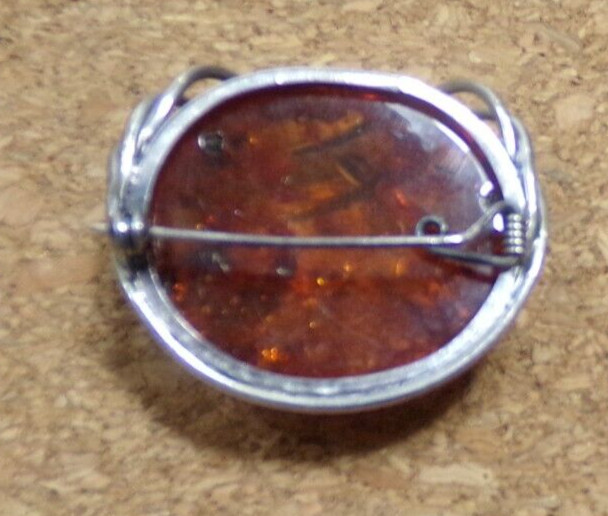 Amber Brooch 925 Silver Vintage 1.7×1.5″ JZ37