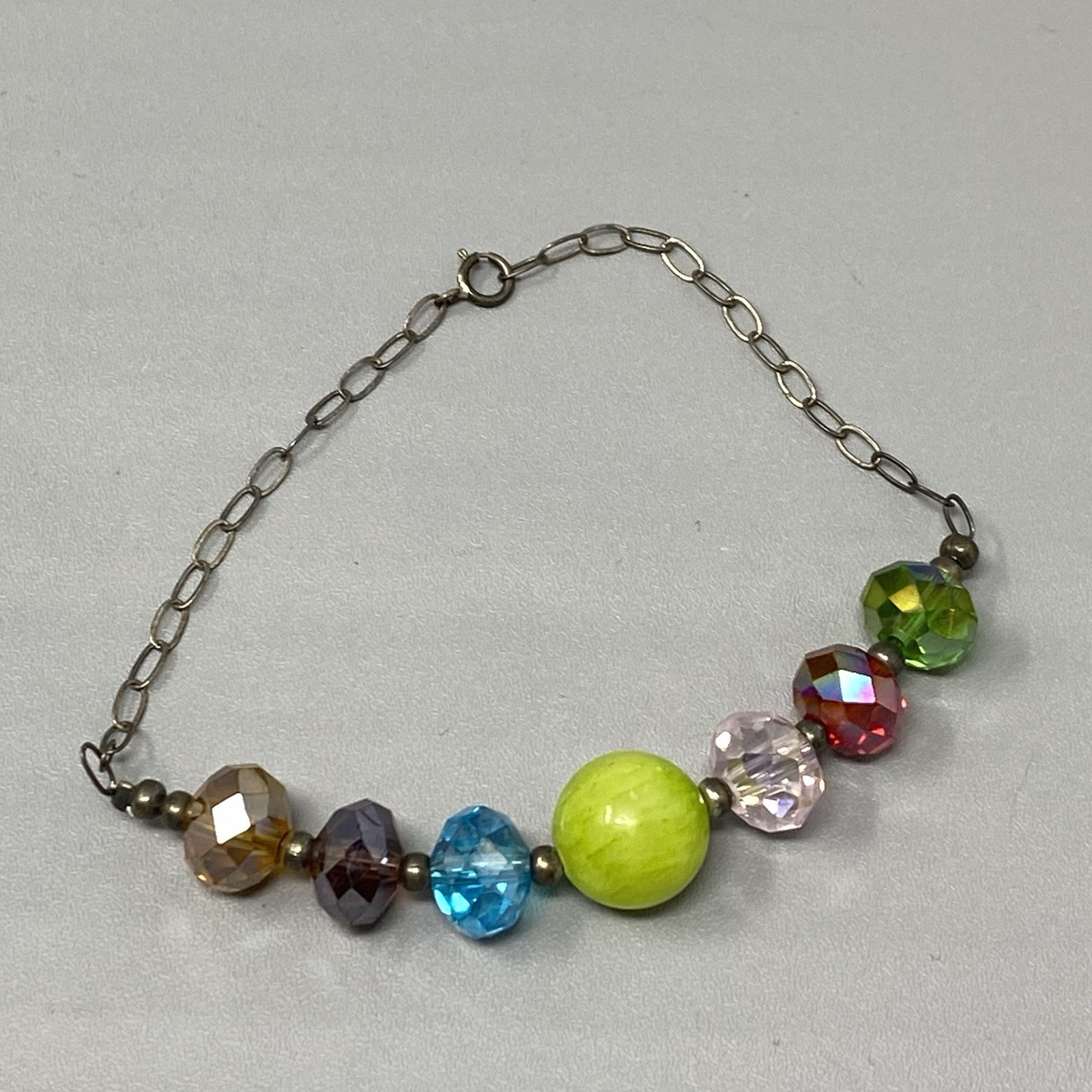 Glass Bead Bracelet Sterling Silver Chain Links Rainbow Faceted Fire Polished 7″
