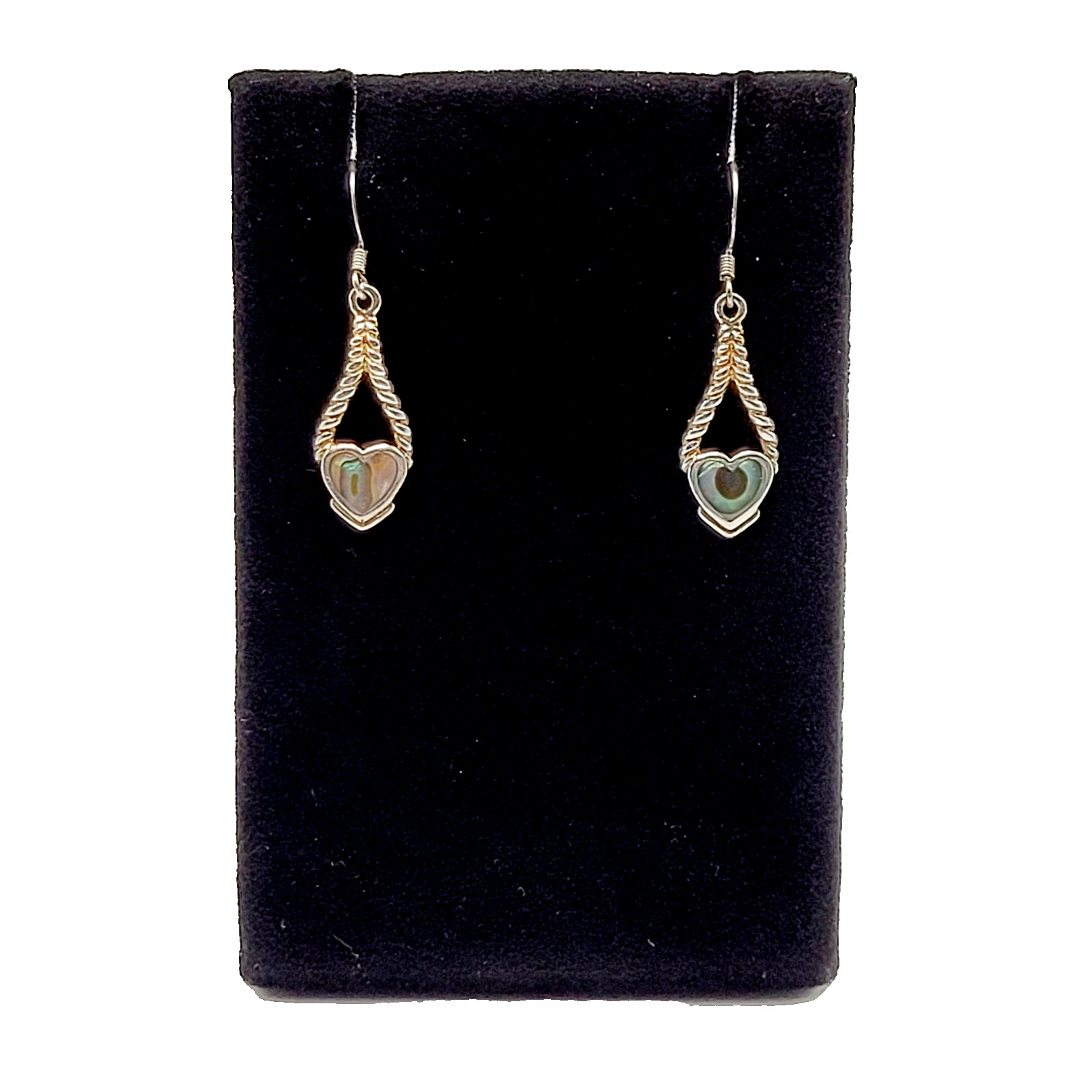 Heart Twisted Open Metal Paua Shell Inlay Sterling 925 MC Hook Pierced Earrings