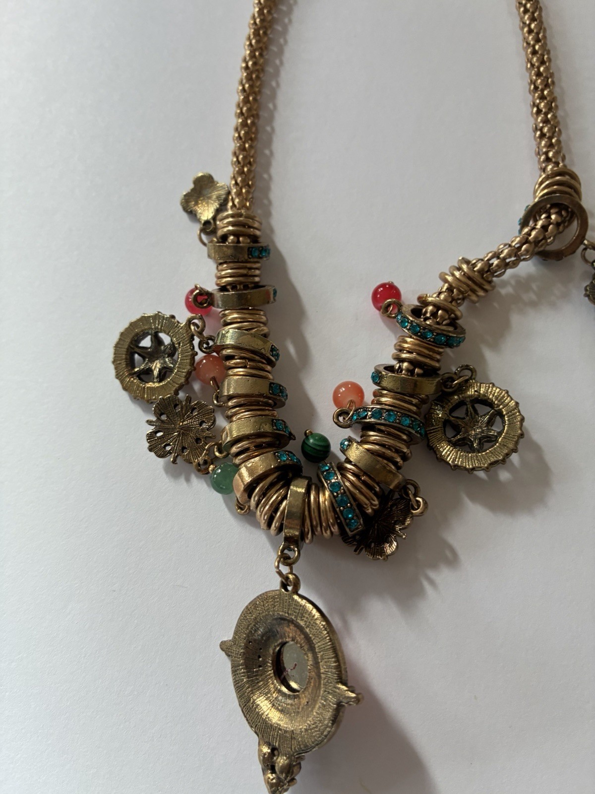 Vintage Boho Moroccan Statement Necklace Ornate Gold Red Turquoise Charm