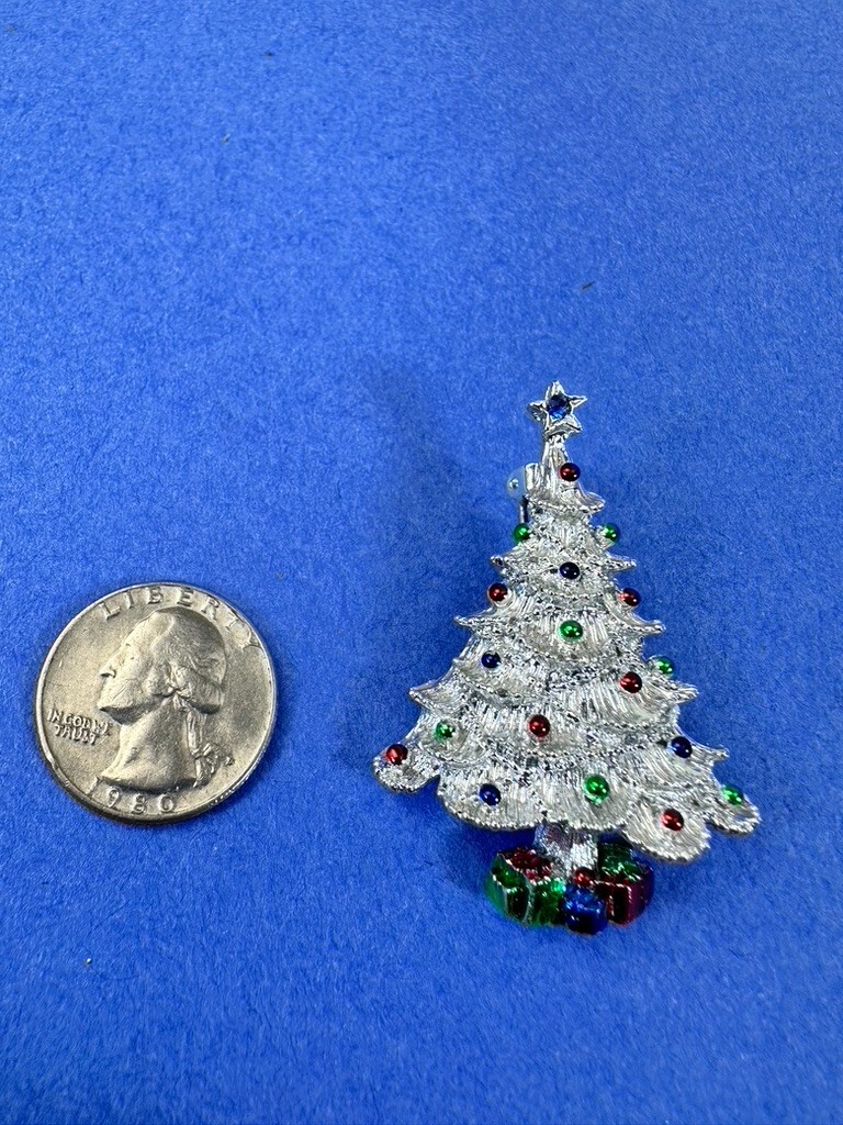 Gerrys Christmas Tree Brooch Blue Rhinestone Star Enamel Silver Vintage Gift
