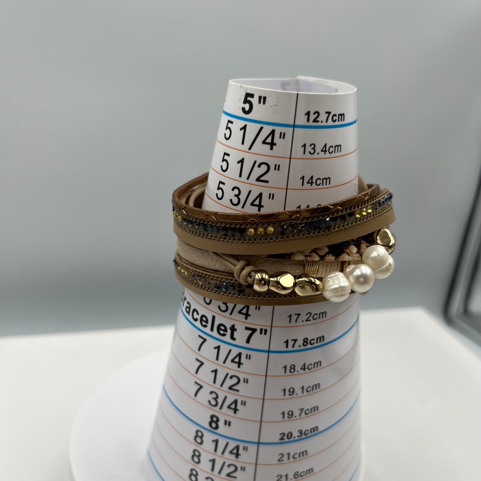 Vintage Multi-Strand Brown Leather Wrap Bracelet w/ Pearl Rhinestone Heart Charm