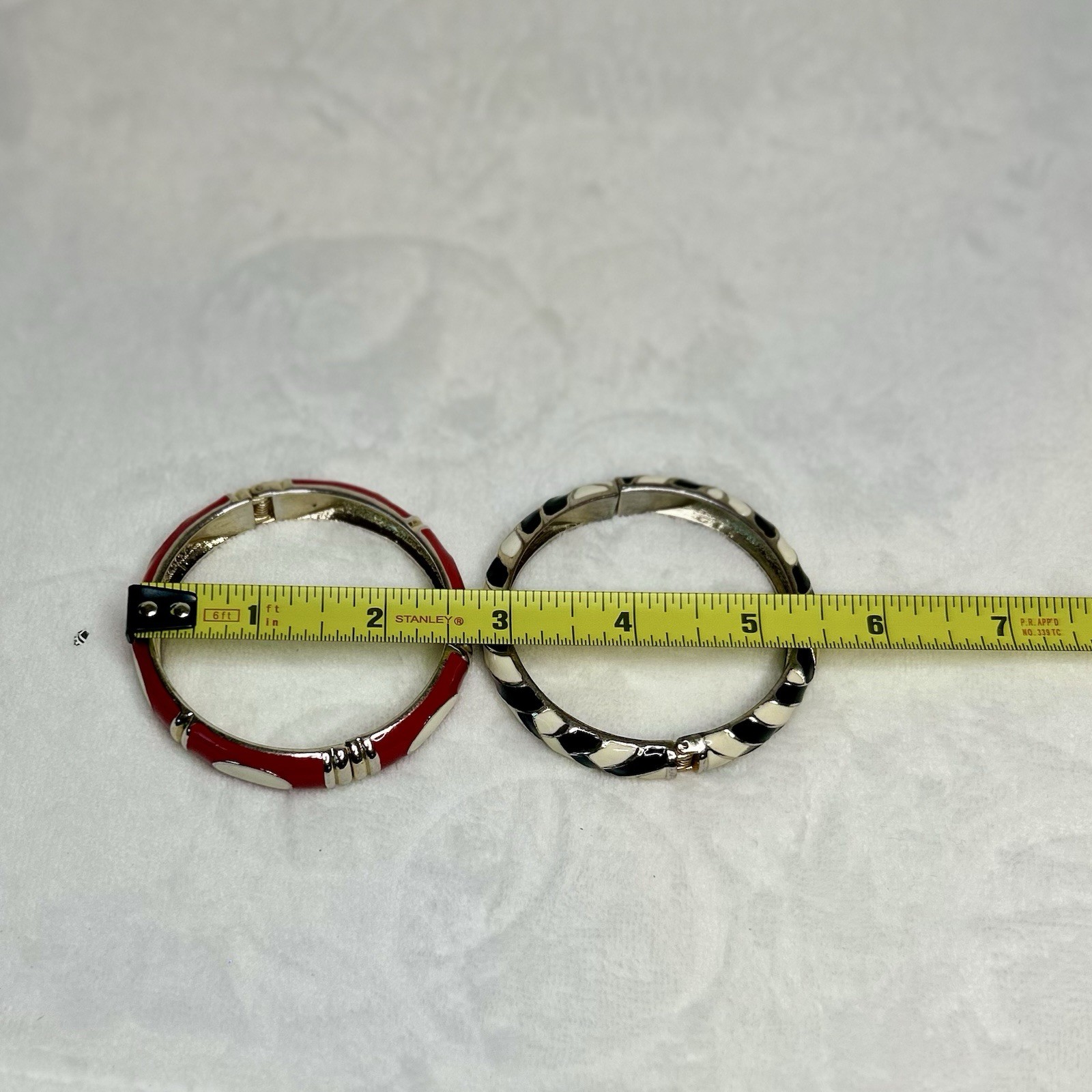 Vintage Enamel Bangle Bracelet Set Of 2, Hinged Gold Tone Red White Black