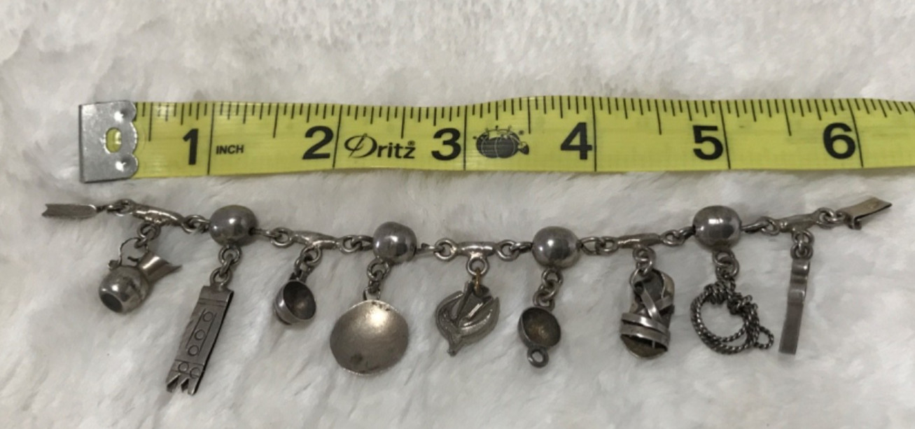 Vintage Handmade Mexican Sterling Silver 925 Charm Bracelet 9 Charms