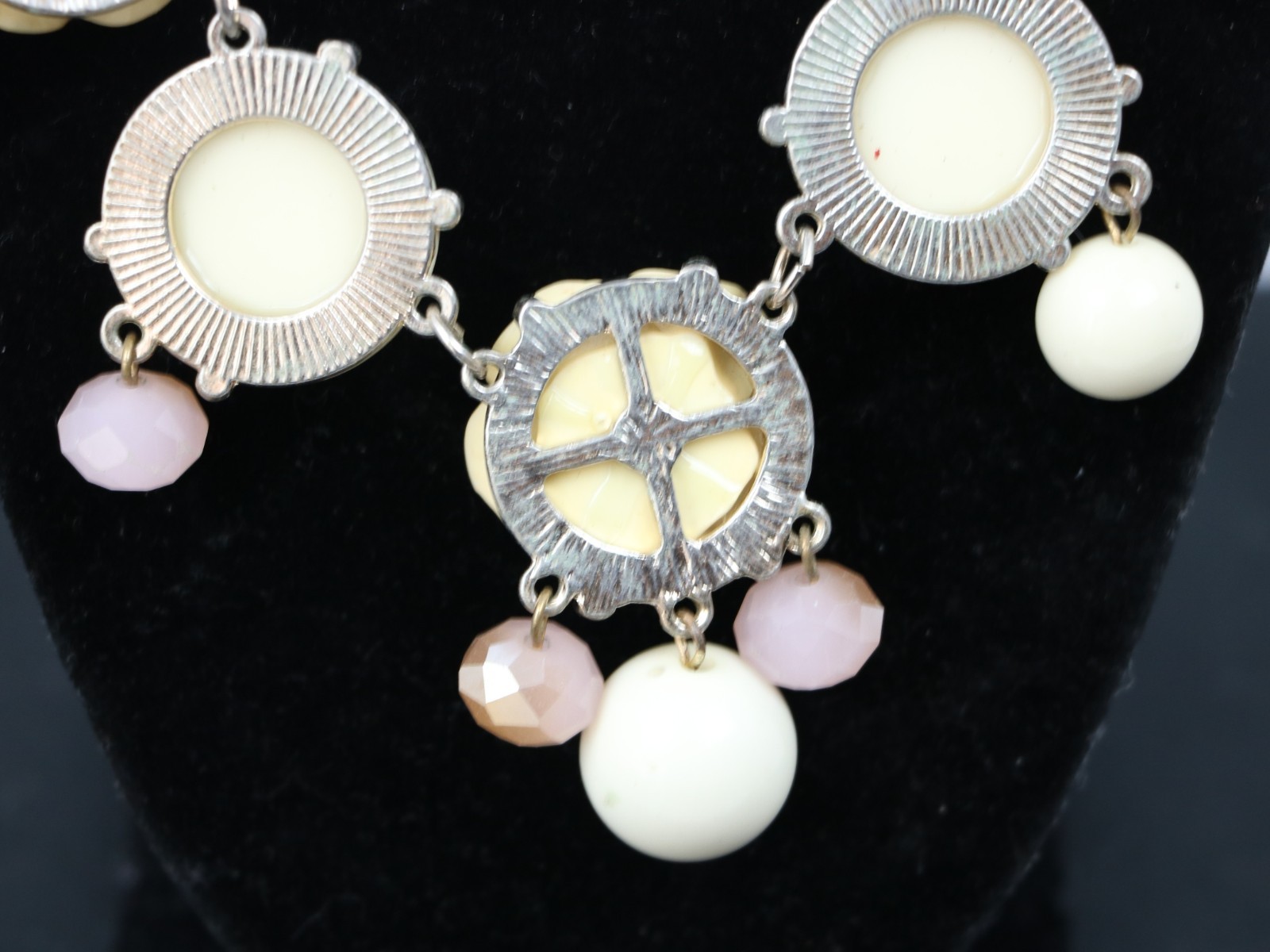 Rose Floral Statement Necklace Cream Bubble Bead Bib Boho Gold Tone
