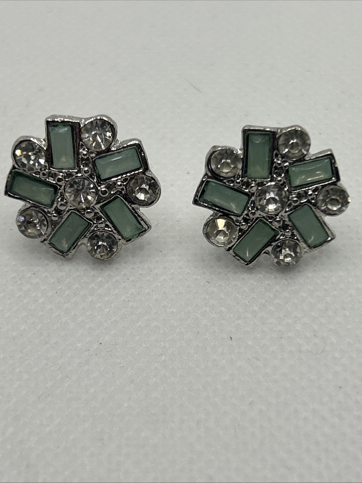 Vintage Milk Green Emerald Cut And Round Clear Rhinestones Stud Earrings