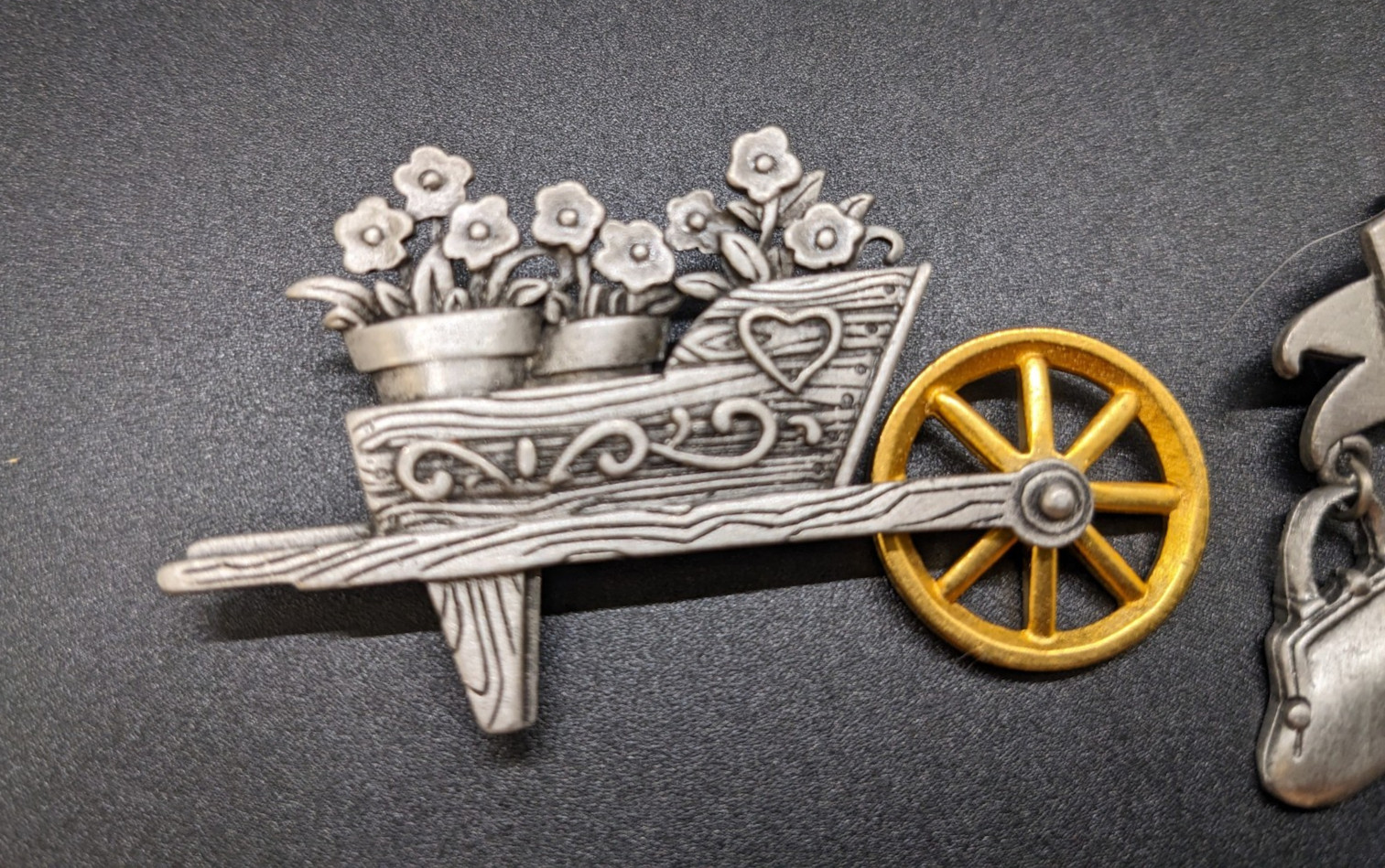 Lot of 4 Vintage Pewter Brooches Pin JJ Jonette Wheelbarrow Angel Born to Shop