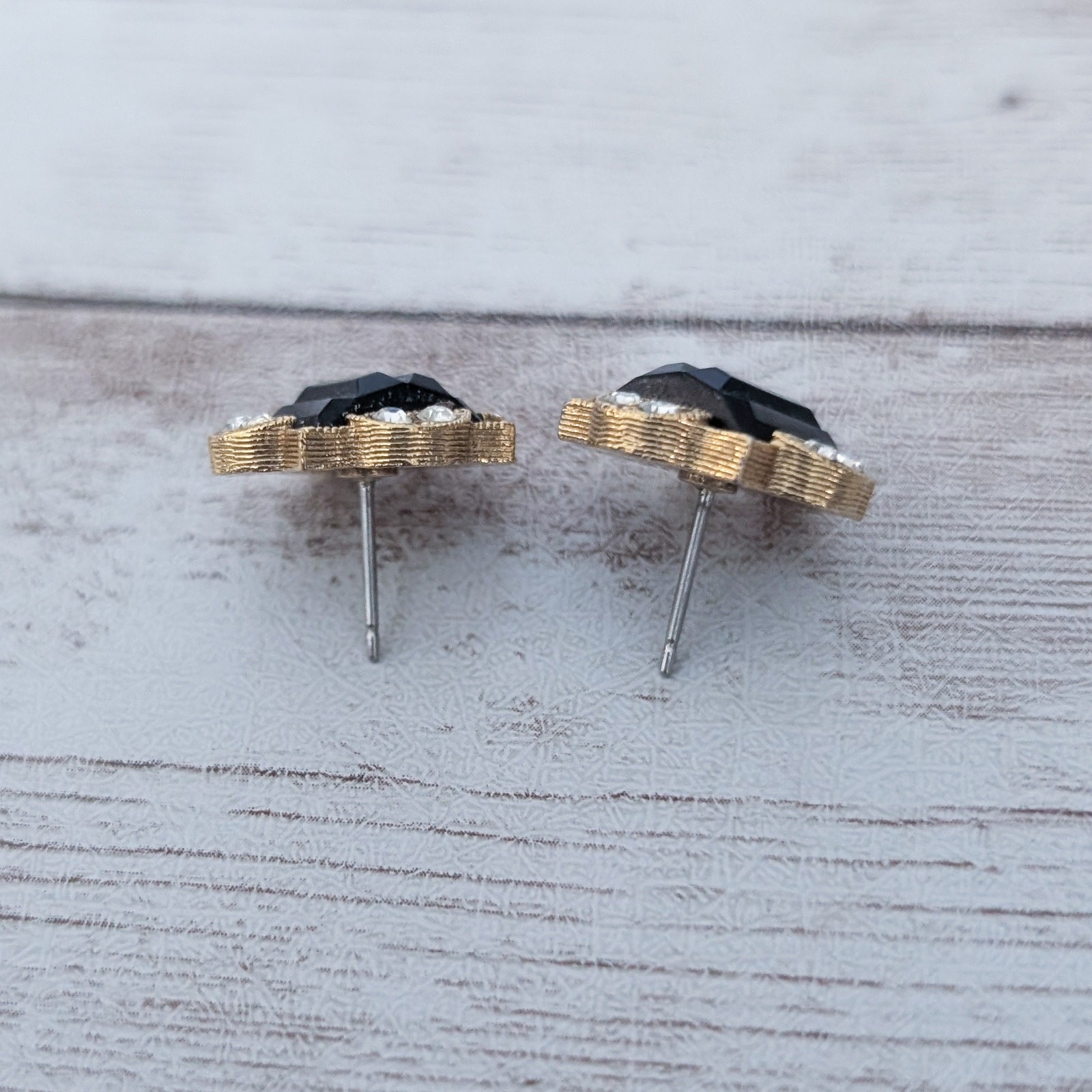 Vintage Earrings for Pierced Ears Dainty Black, Clear Gem, Gold Tone