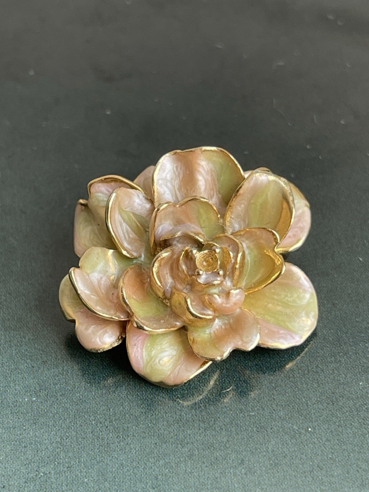 Vintage Joan Rivers Camellia Flower Brooch Enamel Gold Tone Signed