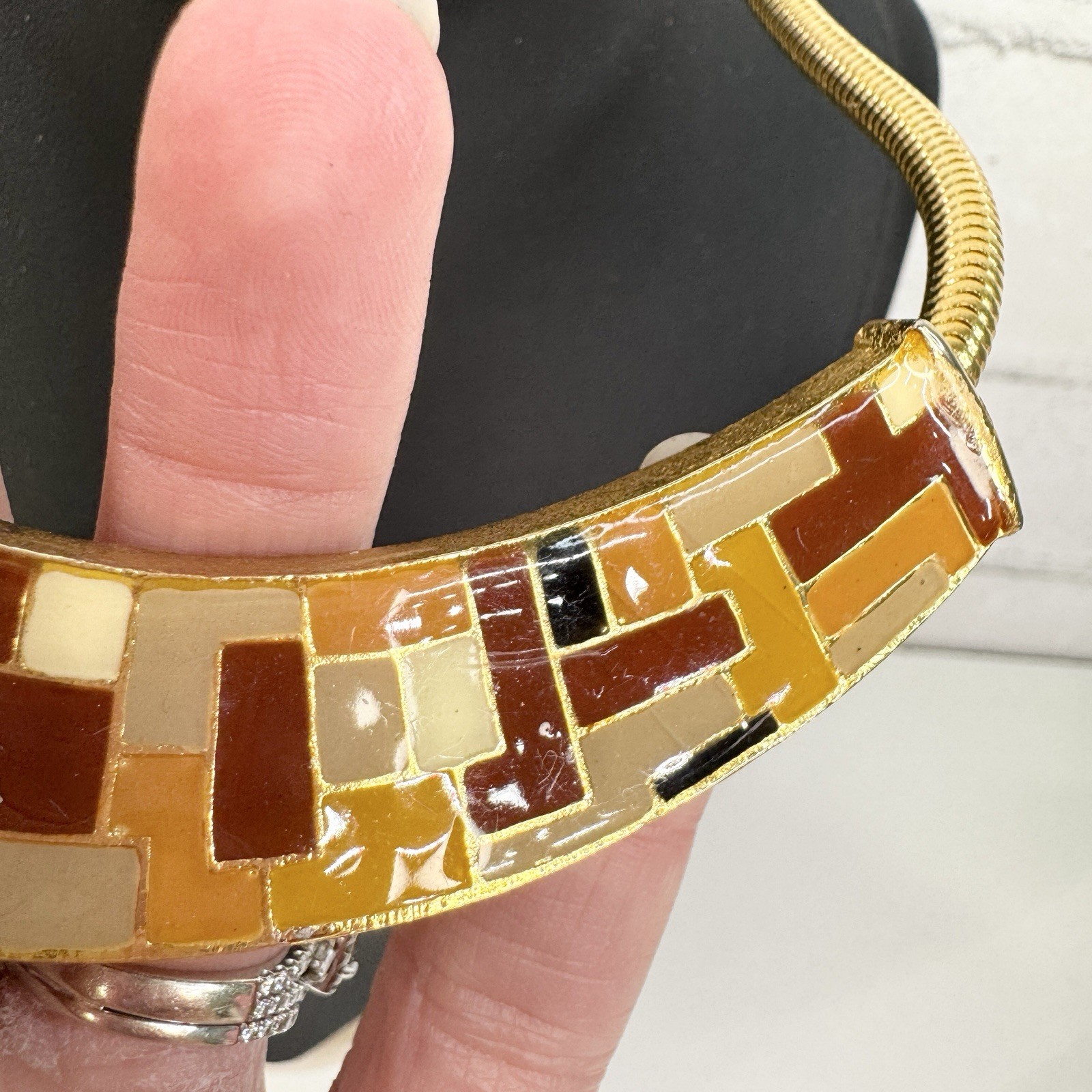 Vintage Neutral Tone Mosaic Enamel Gold Tone Necklace Tan Brown Yellow Orange