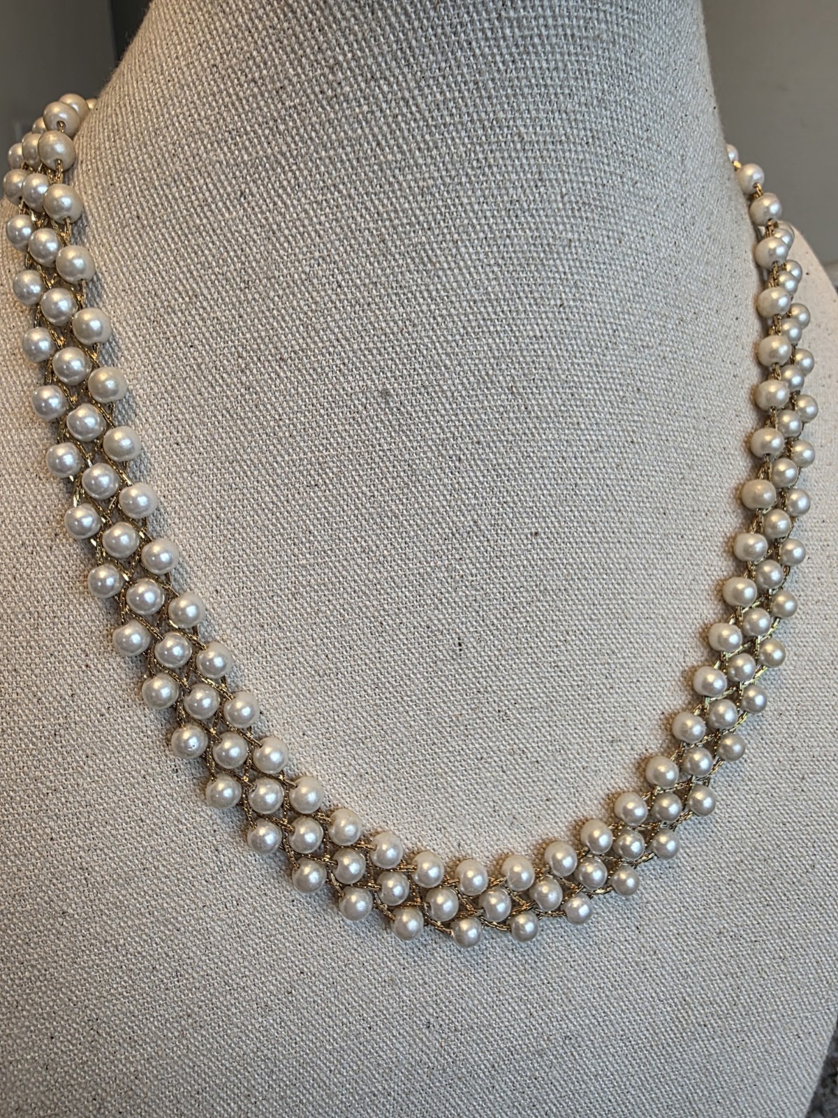 Vintage Braided Pearl and Gold Woven Necklace with J Hook Spring Clasp