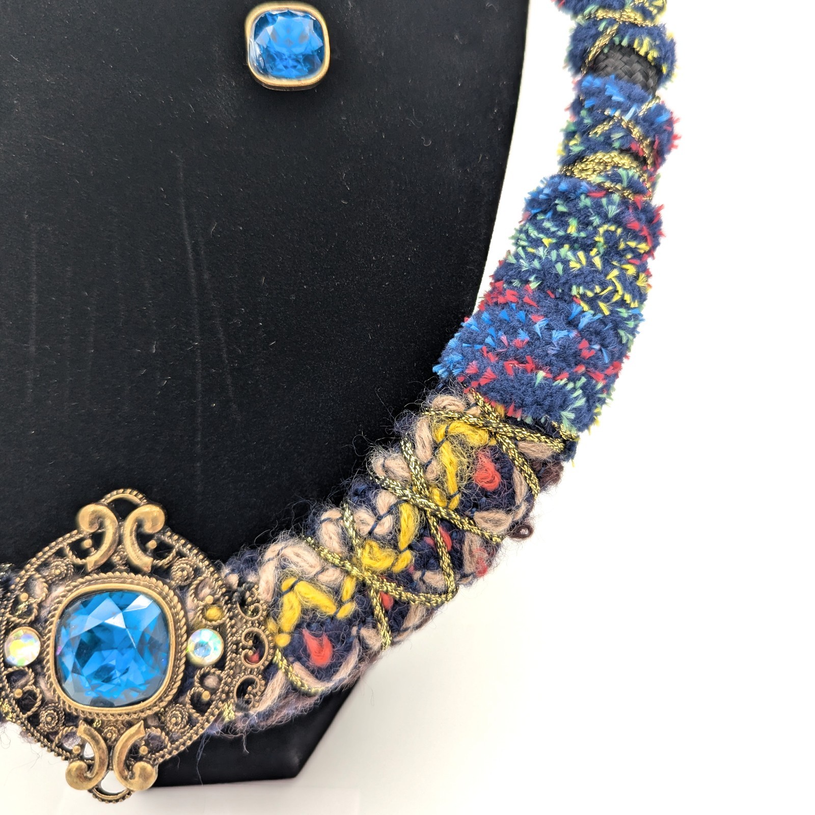 Vintage Victorian Revival Necklace Handmade Fiber Macrame Rhinestone Jewel Stud