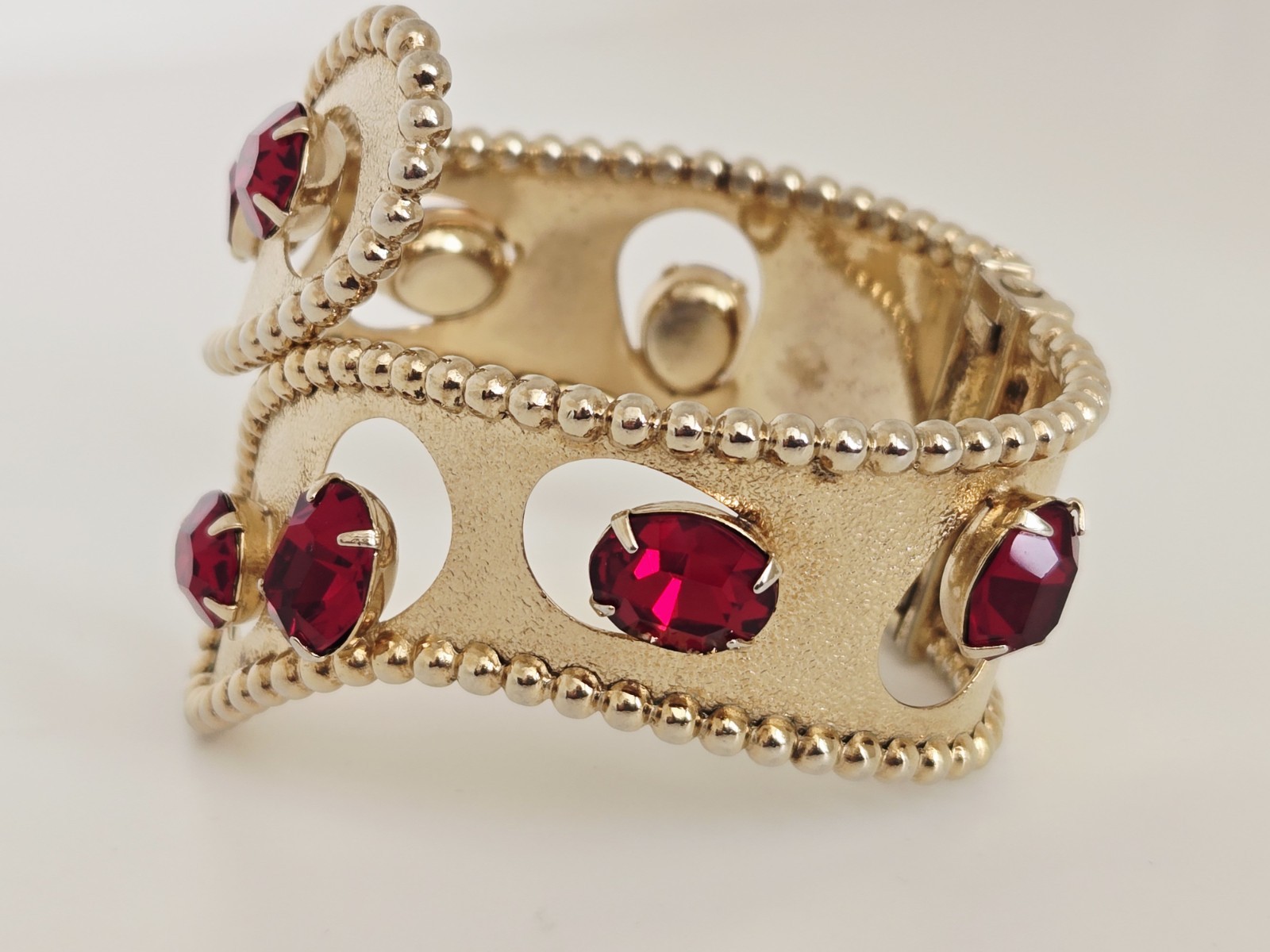 Vintage MCM Gold Tone Red Rhinestone Statement Clamper Bracelet