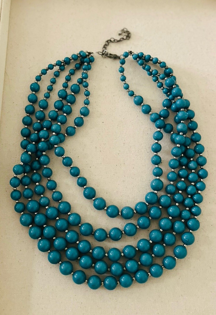 Vintage Turquoise Teal Blue Multi 5 Layered Beaded Silver Graduated Bib Necklace