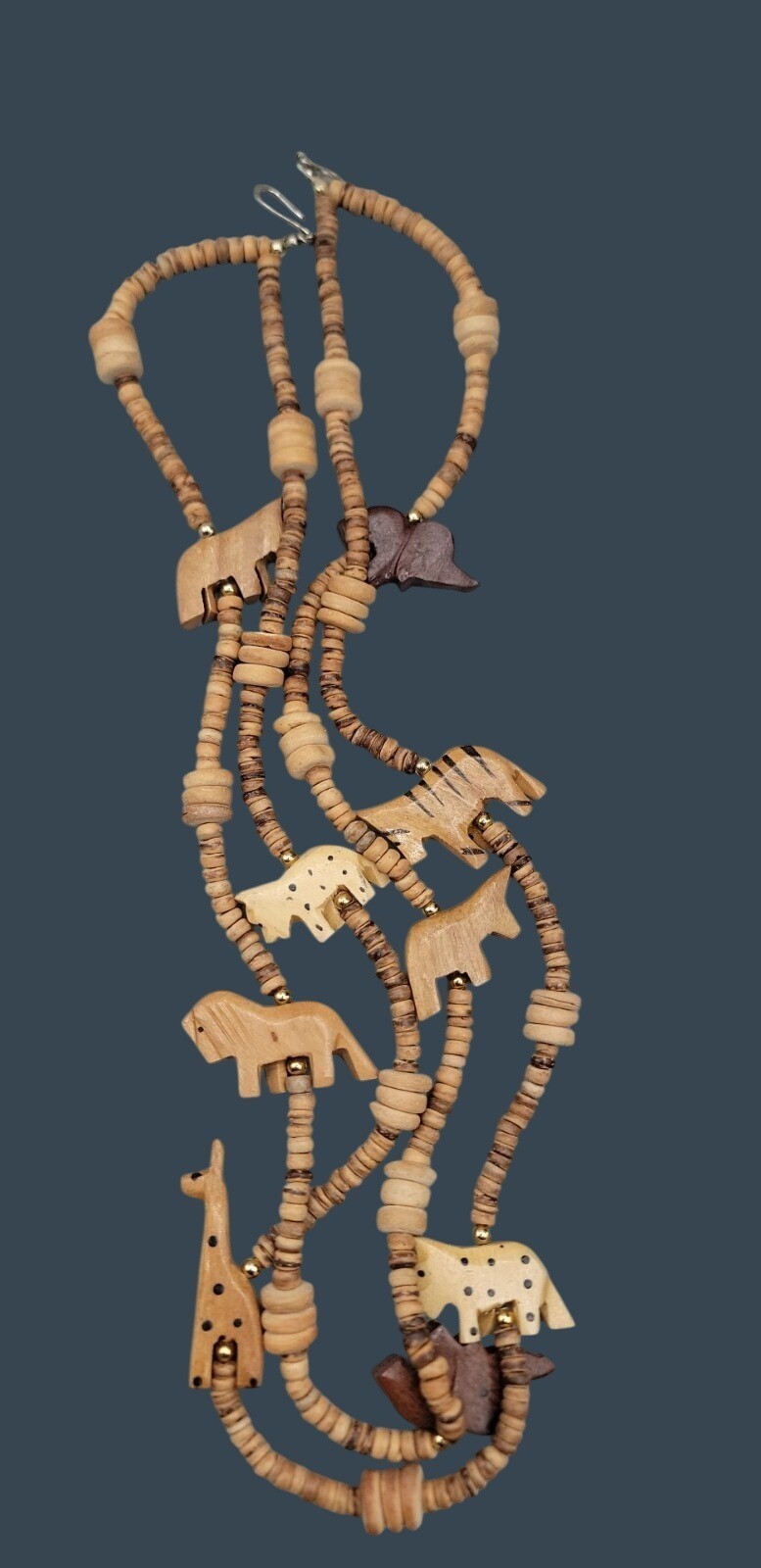 Vintage Double Strand Hand Carved Wooden Safari Animal 16″ Statement Necklace