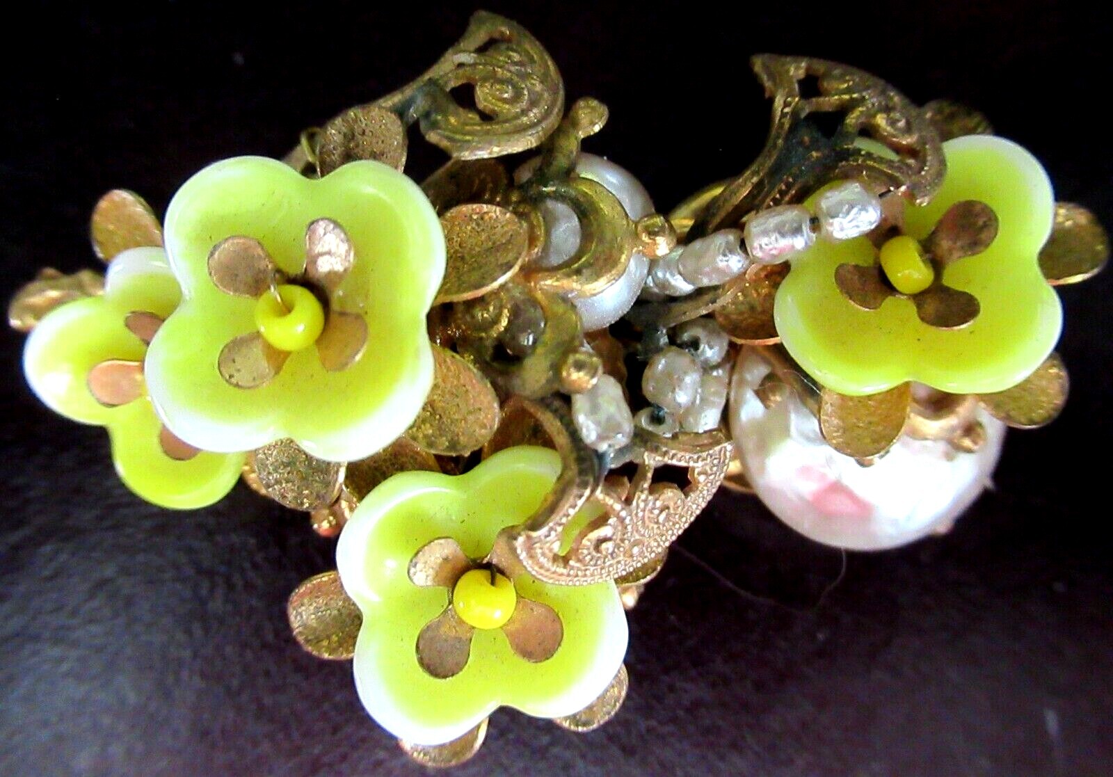 MIRIAM HASKELL Yellow Flowers Baroque Style Pearl Vintage Pin Brooch