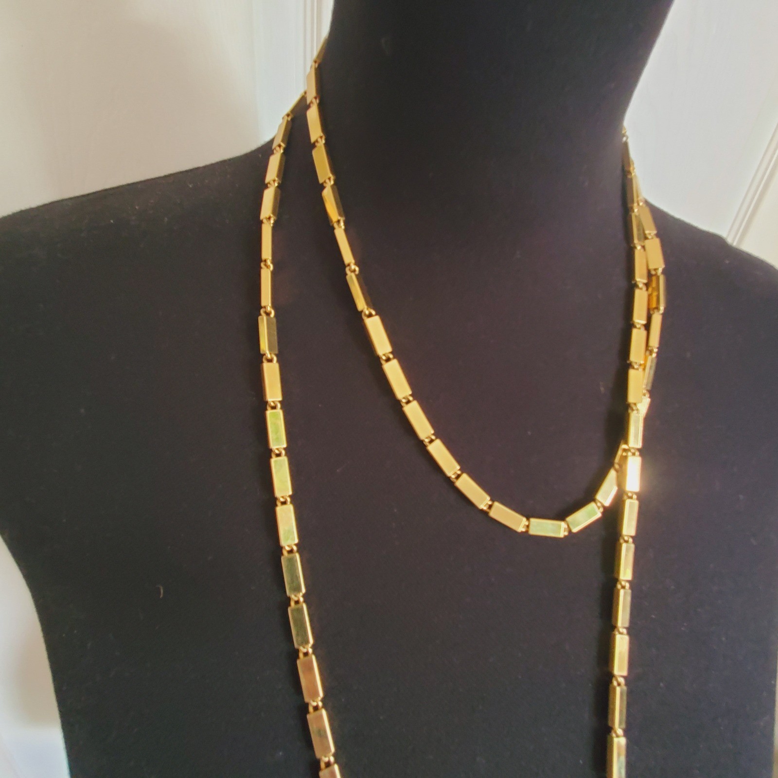 Monet Necklace Gold Tone Rectangular Box Chain Bar Link Extra Long 54″ Opera Vtg
