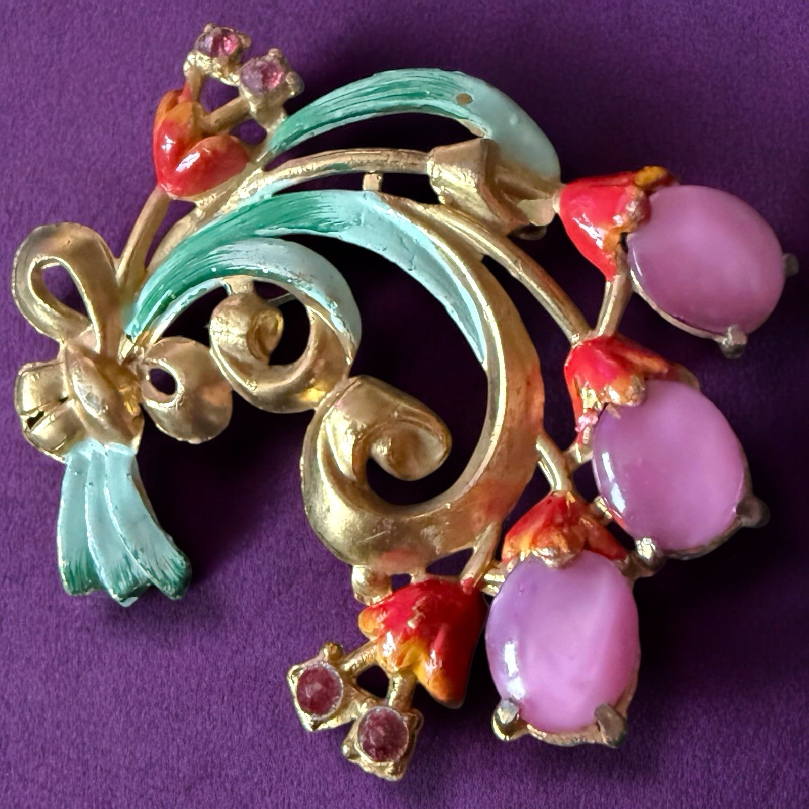 Pot Metal Flower Brooch 1940s Enamel Pink Cabochon Bouquet Vintage Large