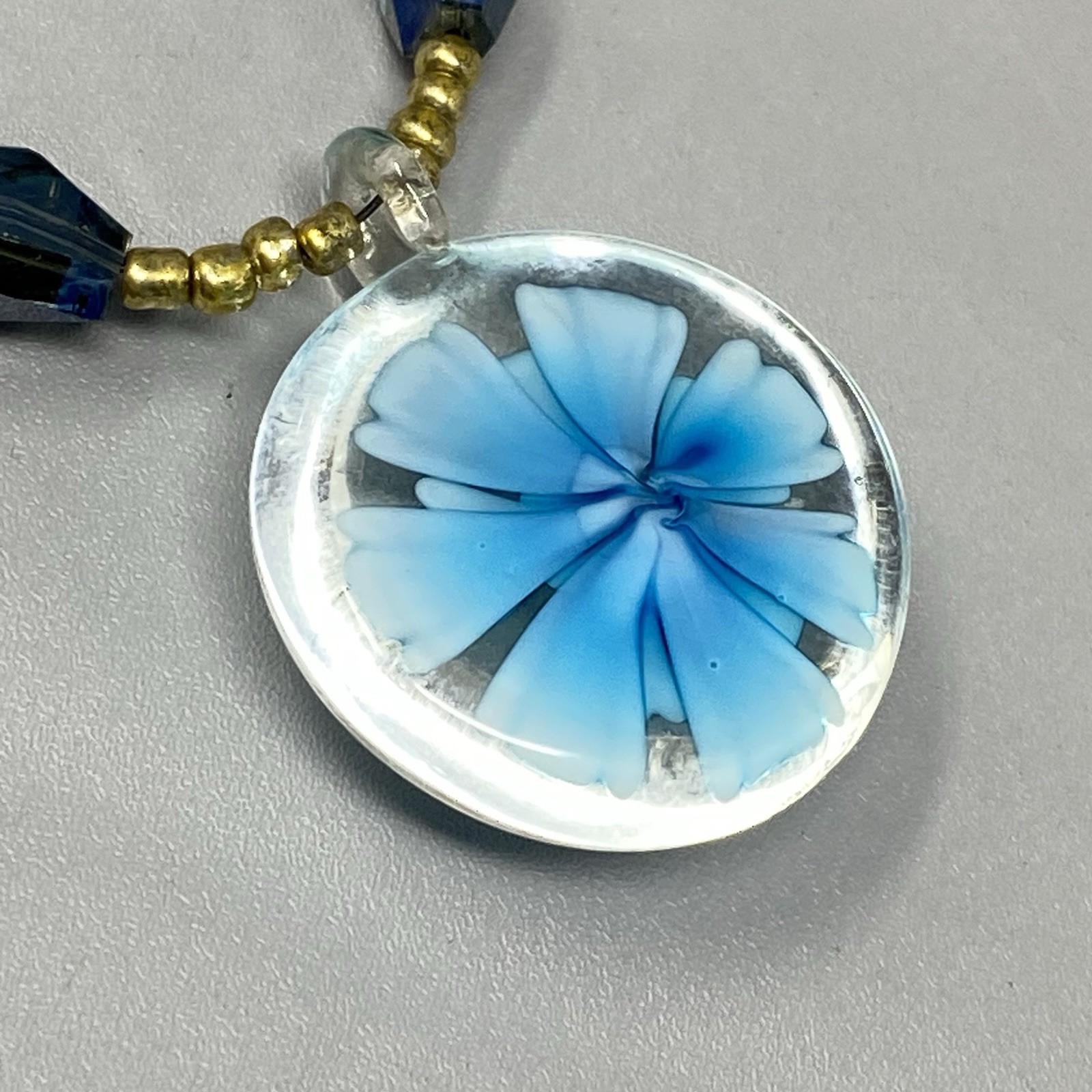 Bursting Glass Flower Pendant Necklace Blue Borosilicate Acrylic Beads 21″