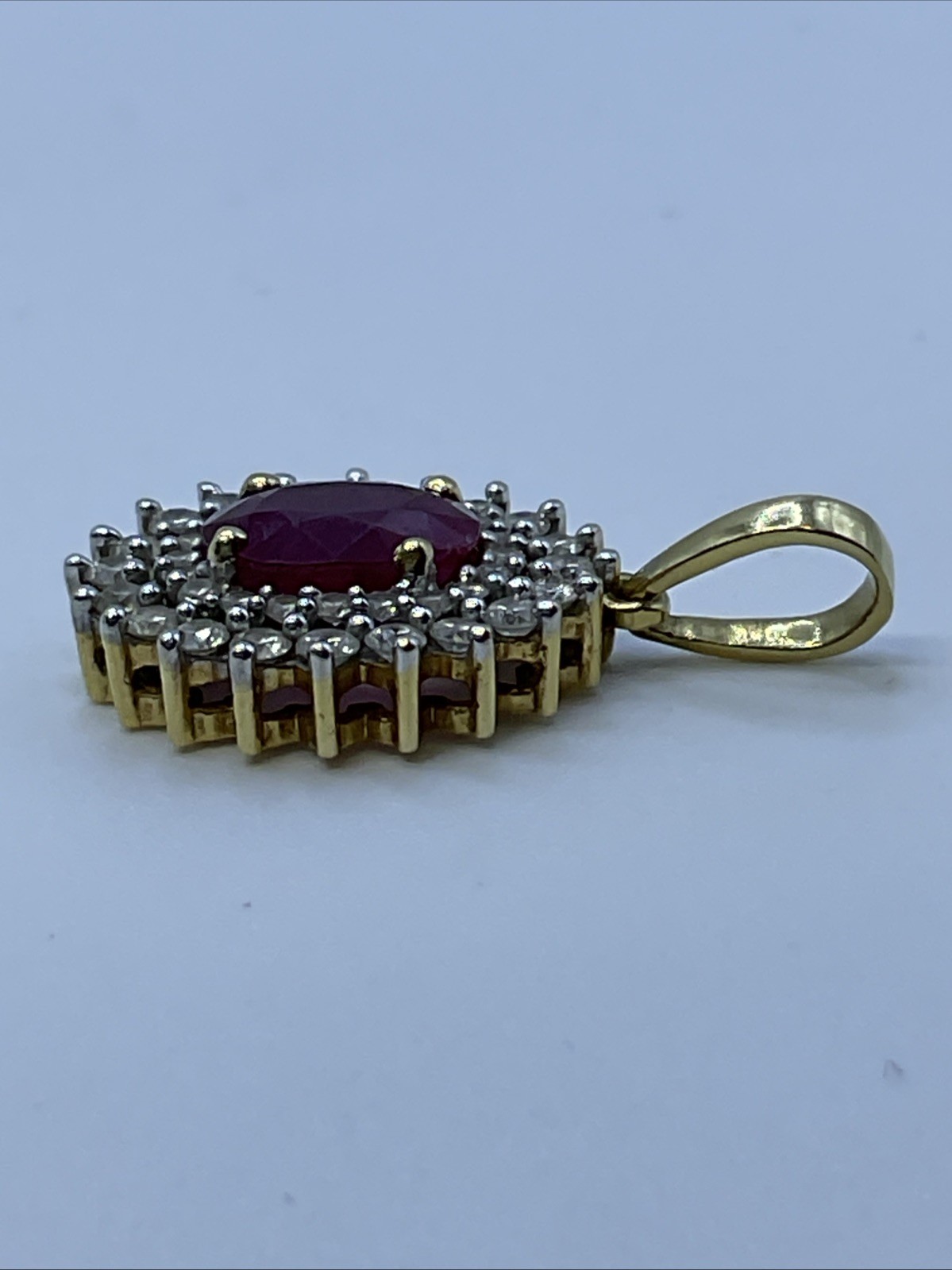 VINTAGE HANDMADE Solid 18K(750) Y.Gold Ruby & Diamonds DOUBLE HALO Style Pendant