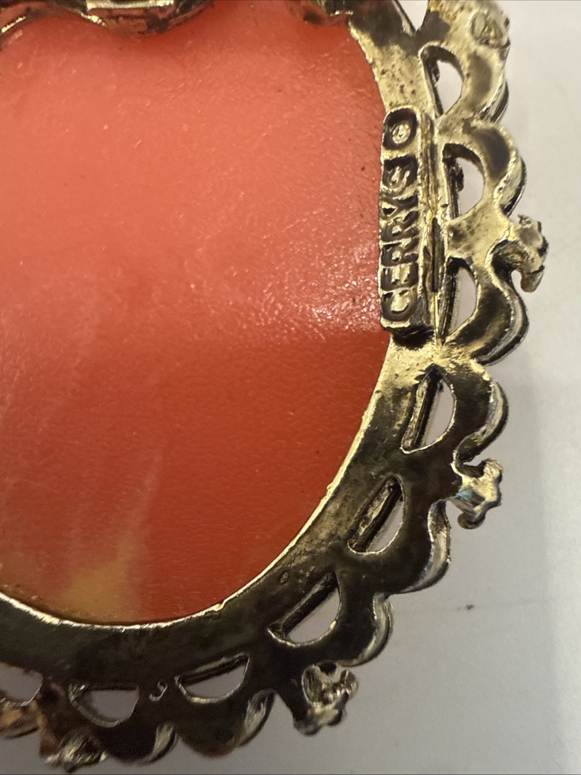 Vintage Gold Tone Cameo Woman Brooch Pin Cream Lady on Orange Back Signed Gerrys