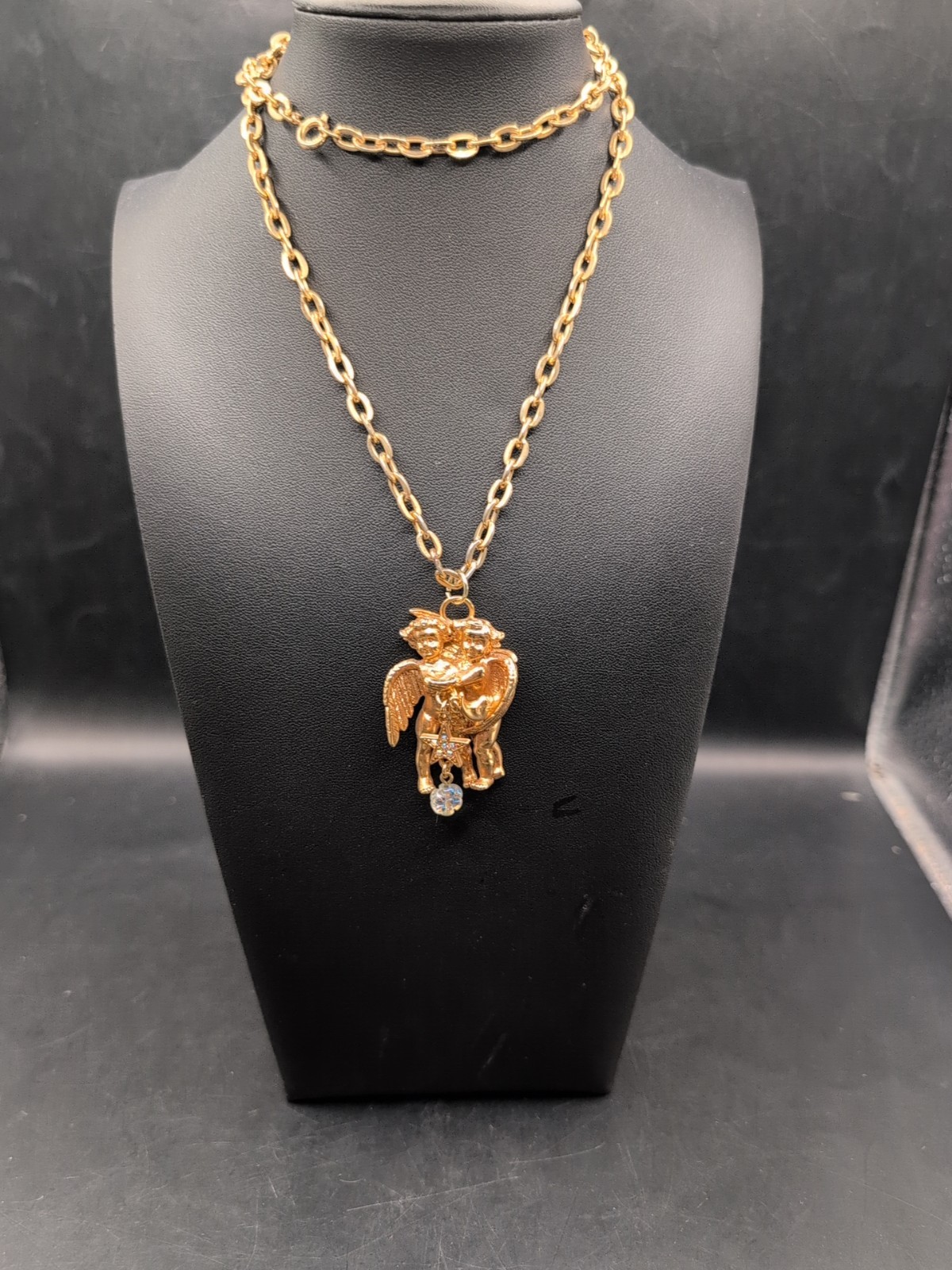 Vintage Kirks Folly Double Cherub WithStar Charm Necklace Gold Tone