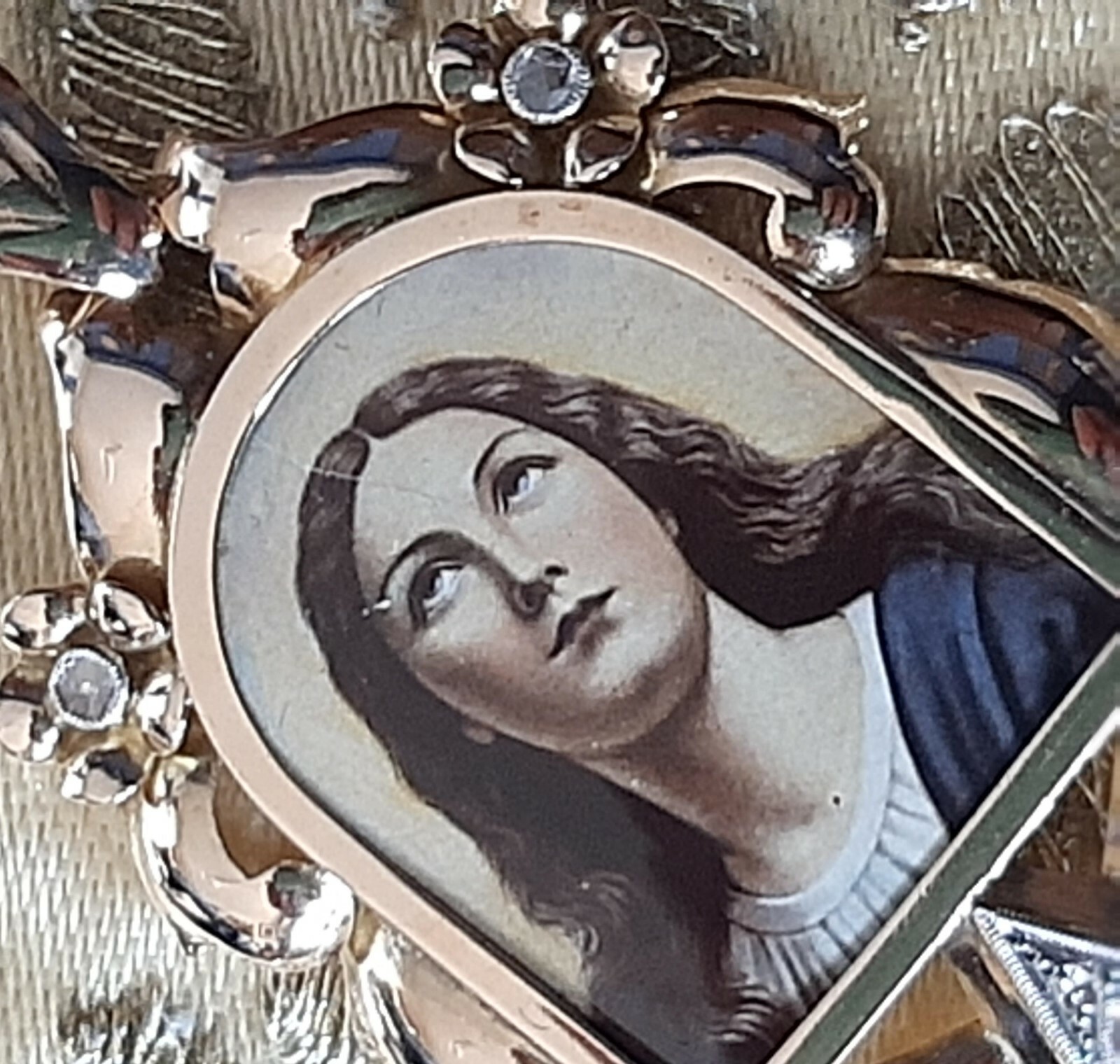 Fine Antique Art Deco 18K 18CT Gold Diamonds Virgen Mary Medal Pendant Ca 1930
