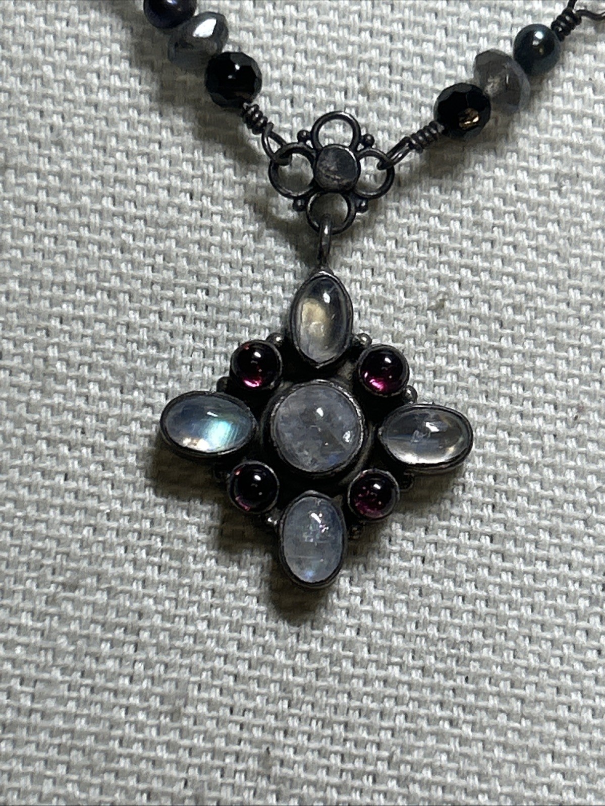 34. Vintage 925 Sterling Wire Wrapped Multi Gemstone Link Cross Necklace 16″
