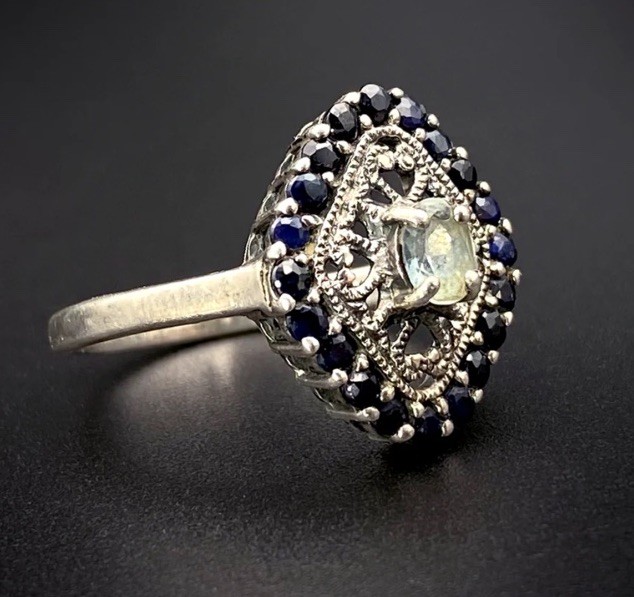Vintage Sterling Aquamarine And Blue Sapphire Ring Diamond Shape Size 7