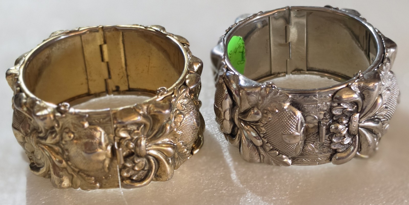 Vintage signed Vargas Whiting & Davis High Relief Hinged Cuff Bracelets