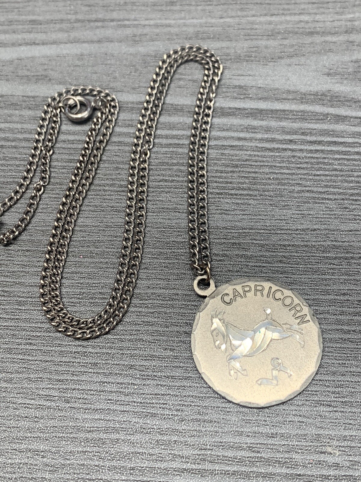 Vintage Pewter BDA Zodiac astrology Capricorn Engraved Pendant Necklace 18”
