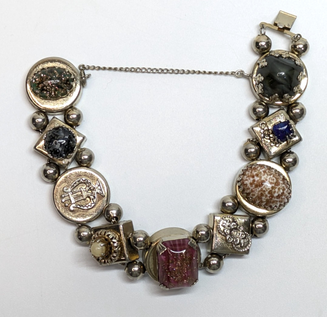 VTG Art Glass Stone Copper Fluss Antiqued Silver Tone Slide Charm Bracelet 7.5″