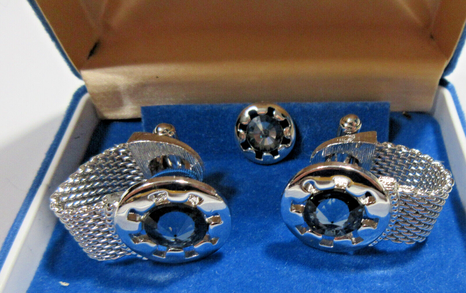 VTG SWANK mesh WRAP Men SET Cuflink Lapel Tie tac pin Blu Rhinestone Silver Tone