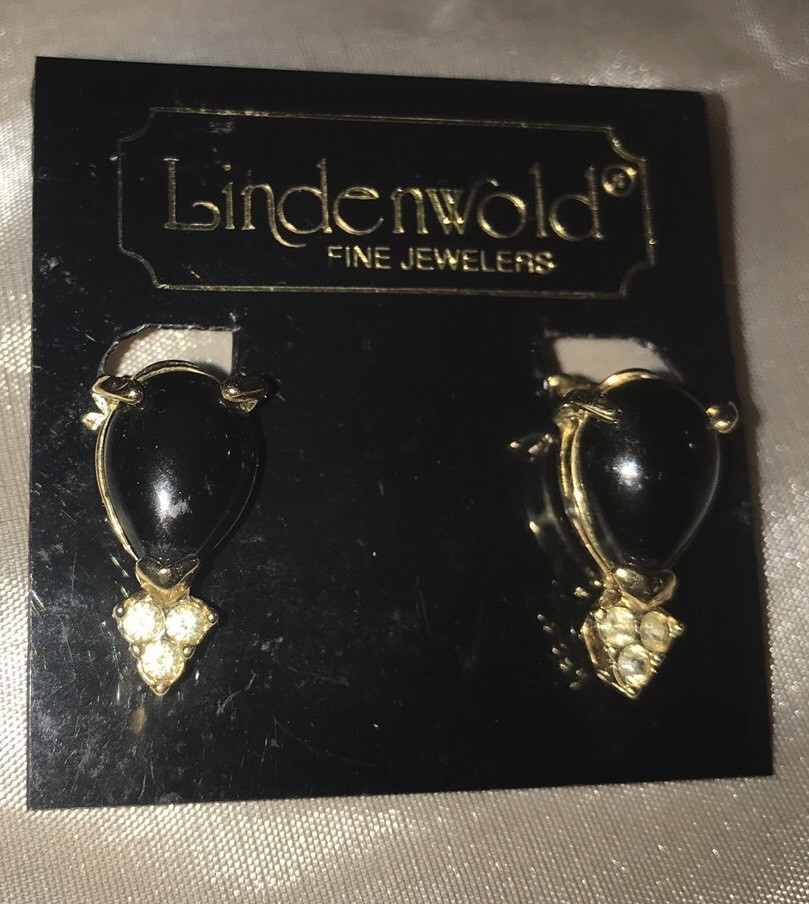 Lindenwold Pear Shape Black Onyx & Swarovski Crystal Clip-on Earrings 14k HGE