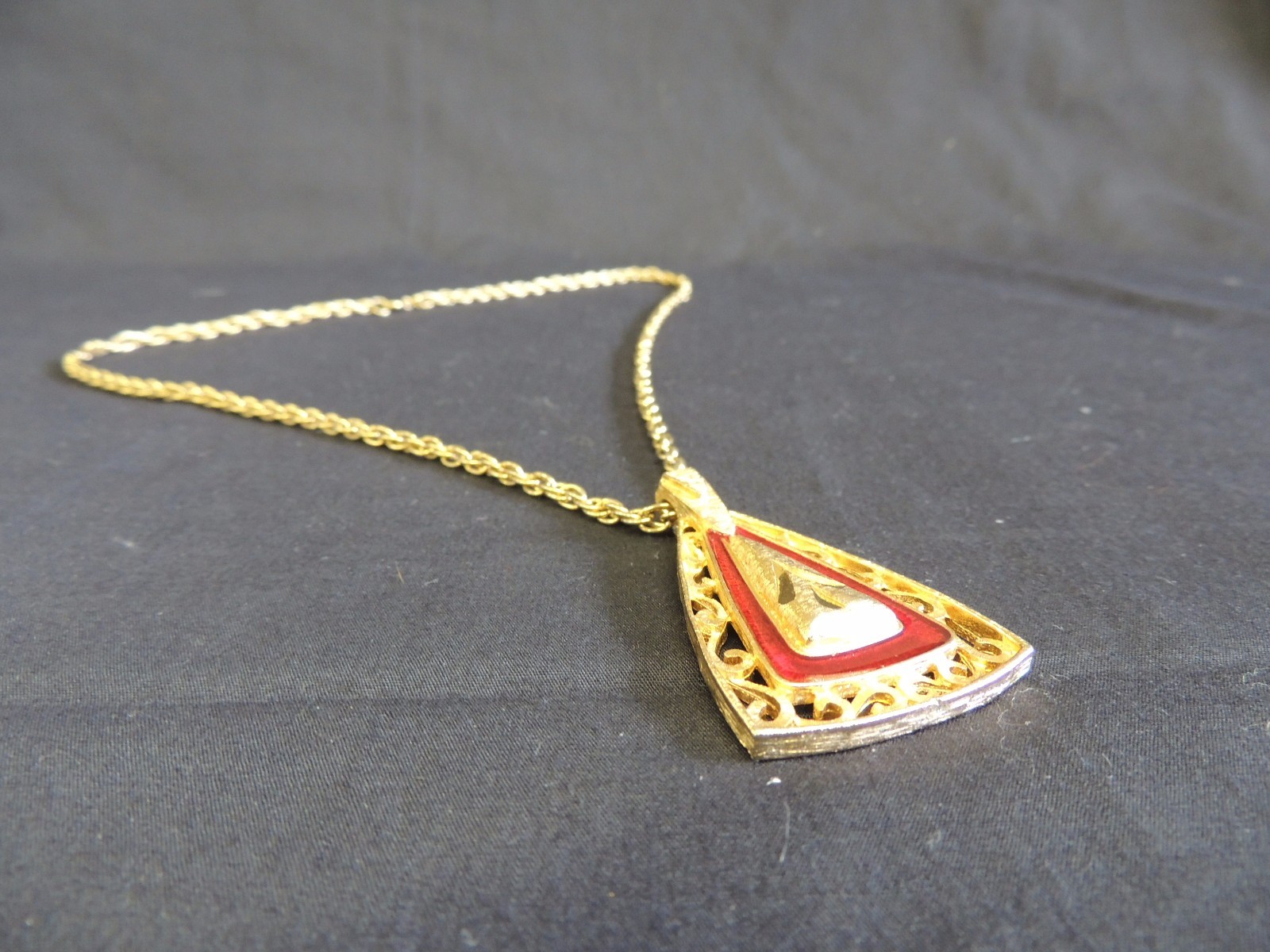 Vintage Goldtone Revere Chain Triangle Pendant Statement Necklace Red Enamel Fun