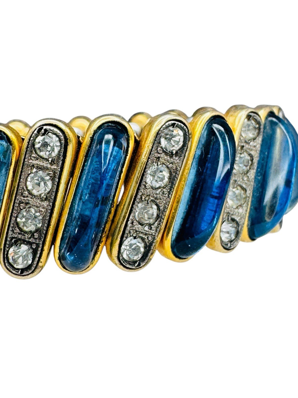 Vintage Blue Glass Cabochon Expansion Bracelet Rhinestones Nice DFB Co