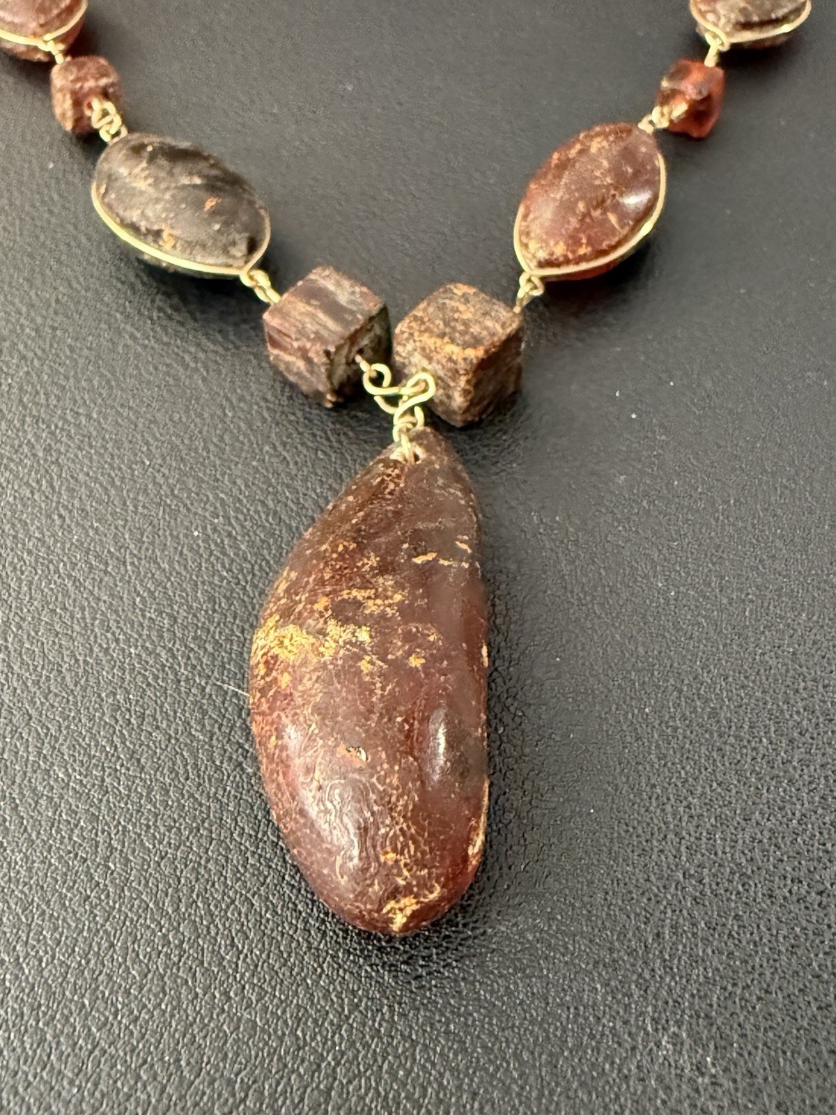 Vintage Baltic Natural Amber Necklace With Gold Hand Wire Wrapped Link Chain H9