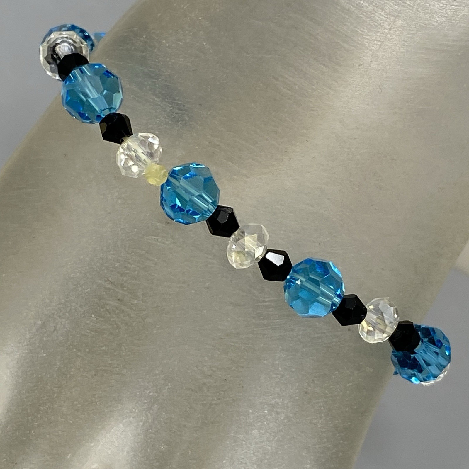 Blue Glass Beaded Bracelet Clear Black Faceted Fire Polished Stretch Elastic 7″